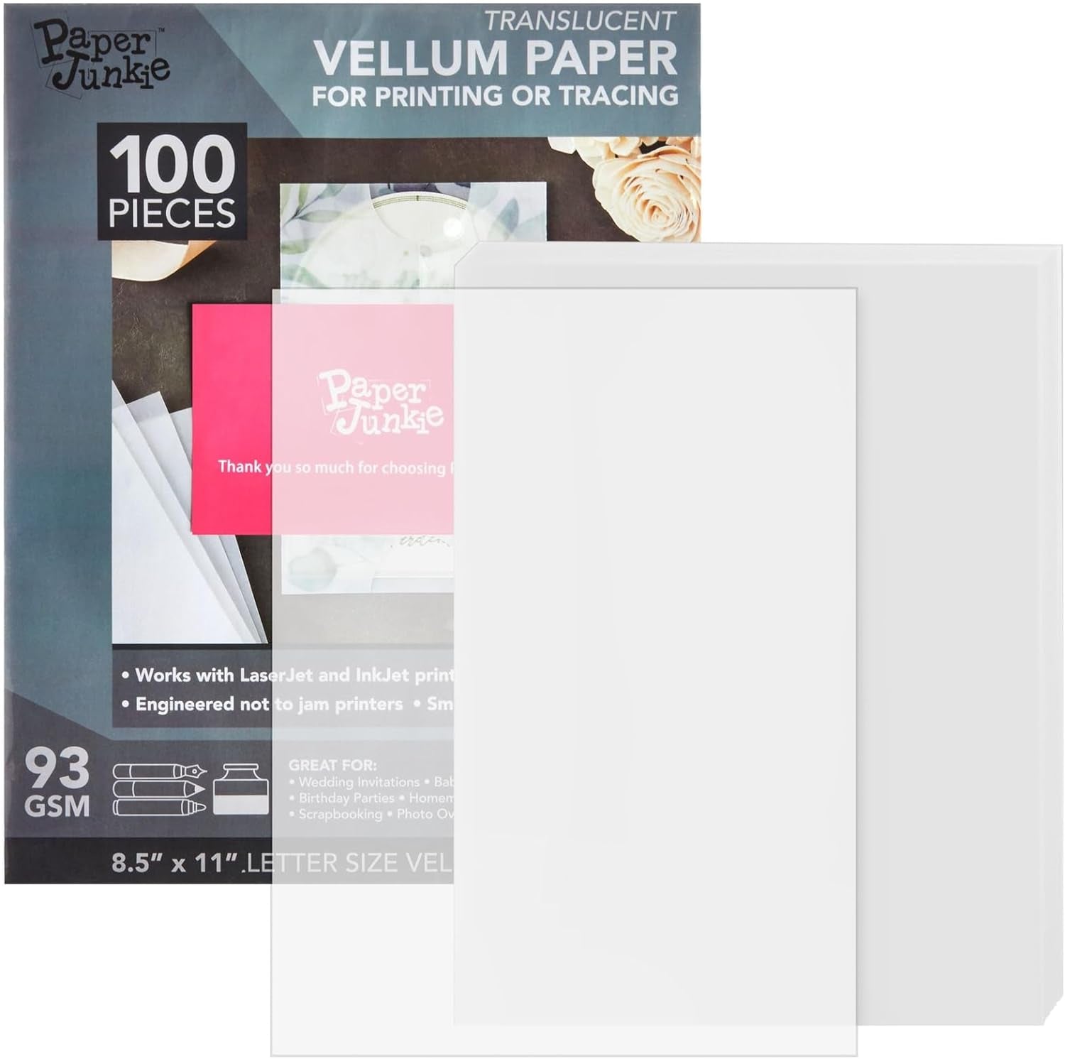 100 Sheets 8.5 X 11 in Translucent Vellum Paper - 93Gsm/63Lb Printable Tracing Paper for Invitation, Sketching & Card Overlays - Tracing Paper for Printer - Vellum Paper for Invitations