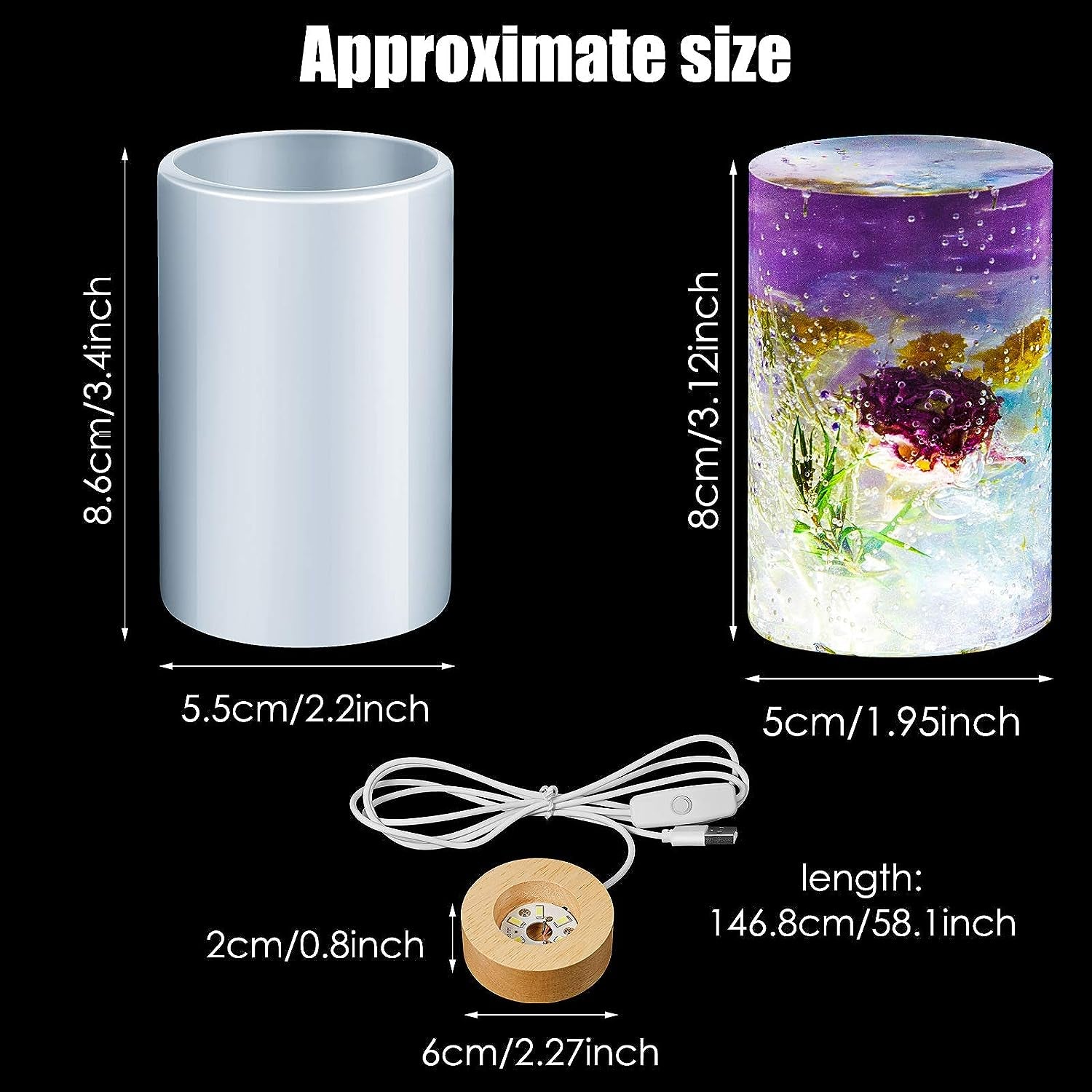 3 Pieces Cylinder Light Resin Silicone Mold Set, Include Resin Cylinder Light Mold and USB Powered Wooden Lighted Base Stand for DIY Table Candle Desktop Lamp Ornaments Home Decorations
