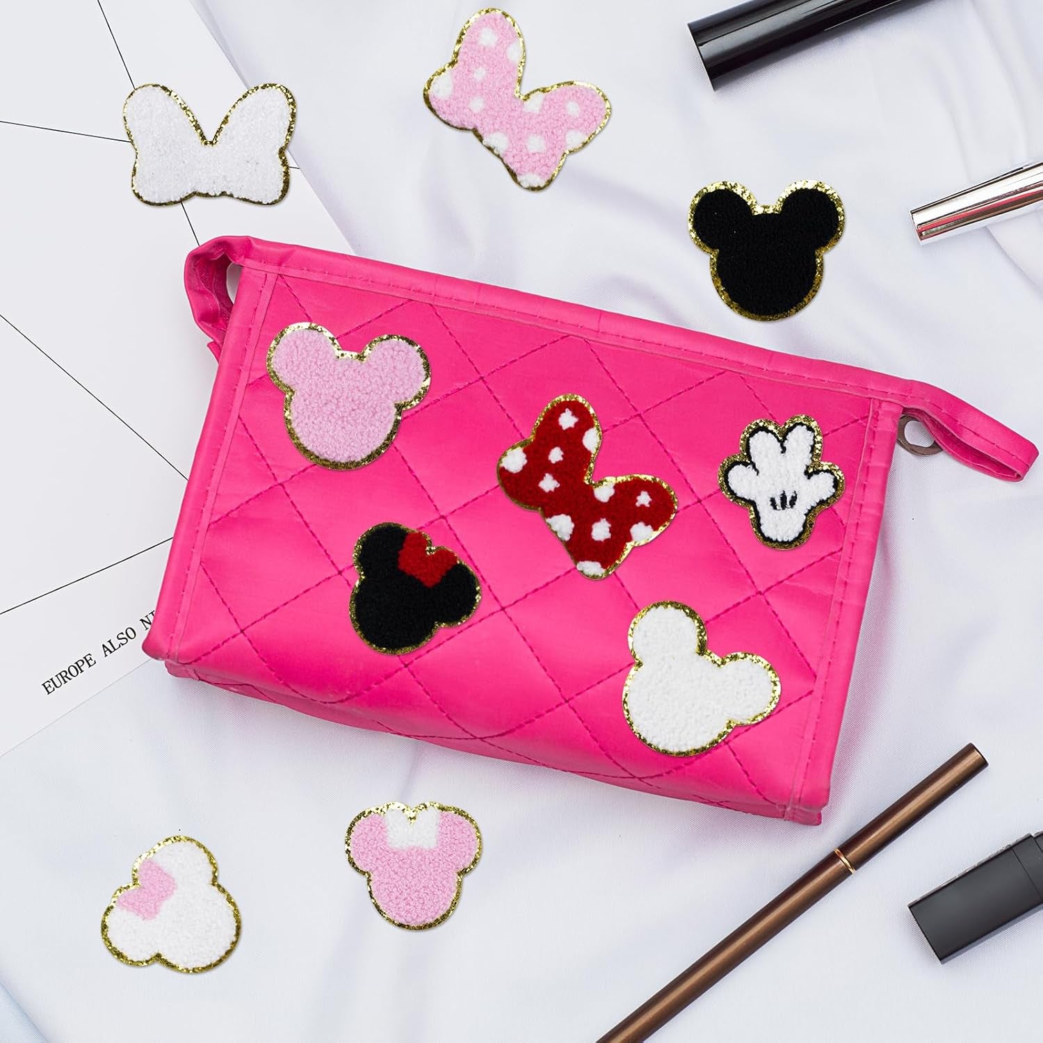 20Pcs Minnie Themed Patch, Pink Mouse Chenille Patches Gold Edges Bowknot Iron on Patch for Bags Hat DIY Clothing Repair
