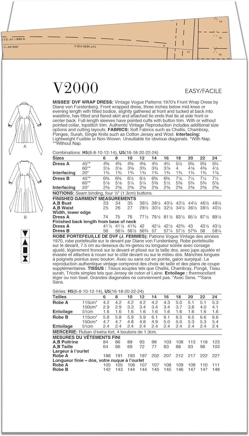 Vogue V2000H5 Misses' Wrap Dress Sewing Pattern Packet by Diane Von Furstenberg, Design Code V2000, Sizes 6-8-10-12-14