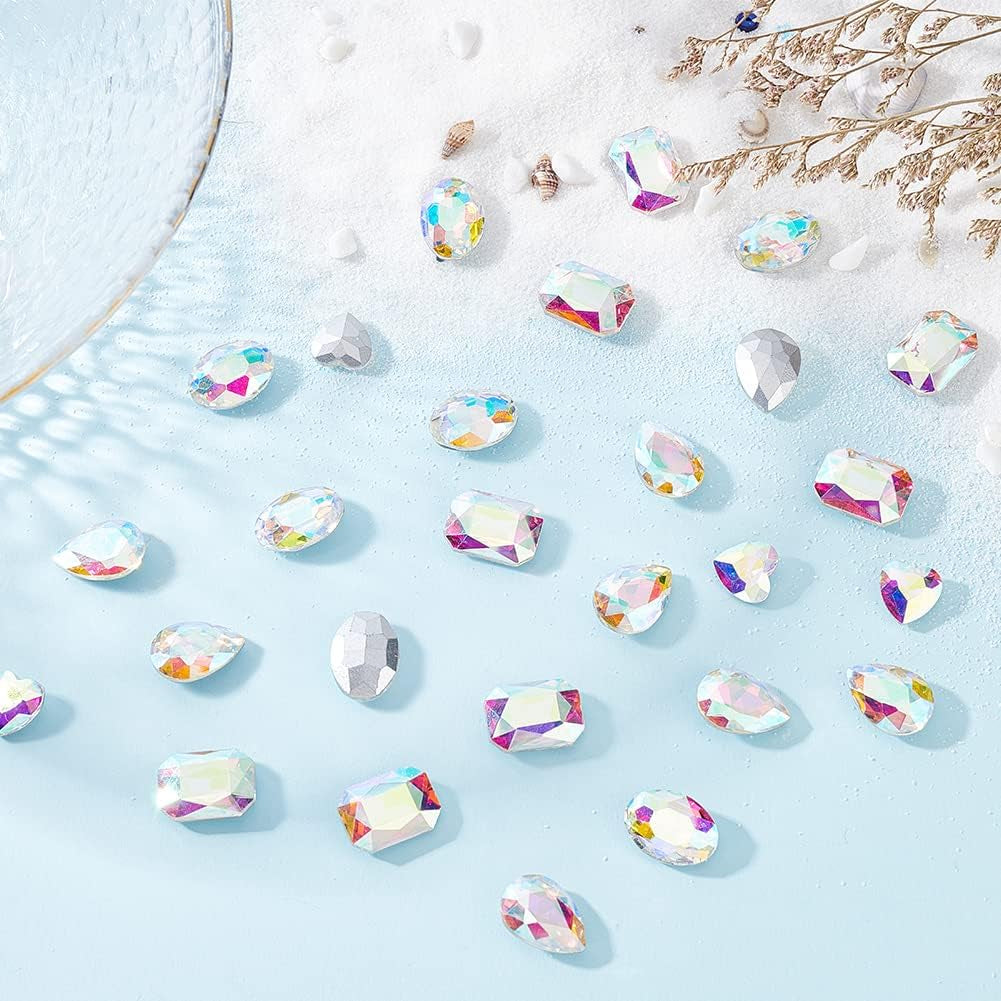64 Pcs 4 Shapes Pointed Back Rhinestone Glass Rhinestones Gems AB Color Rectangle/Teardrop/Heart/Oval Jewels Embelishments with Silver Plated Back Crystals Rhinestones for Jewelry Making