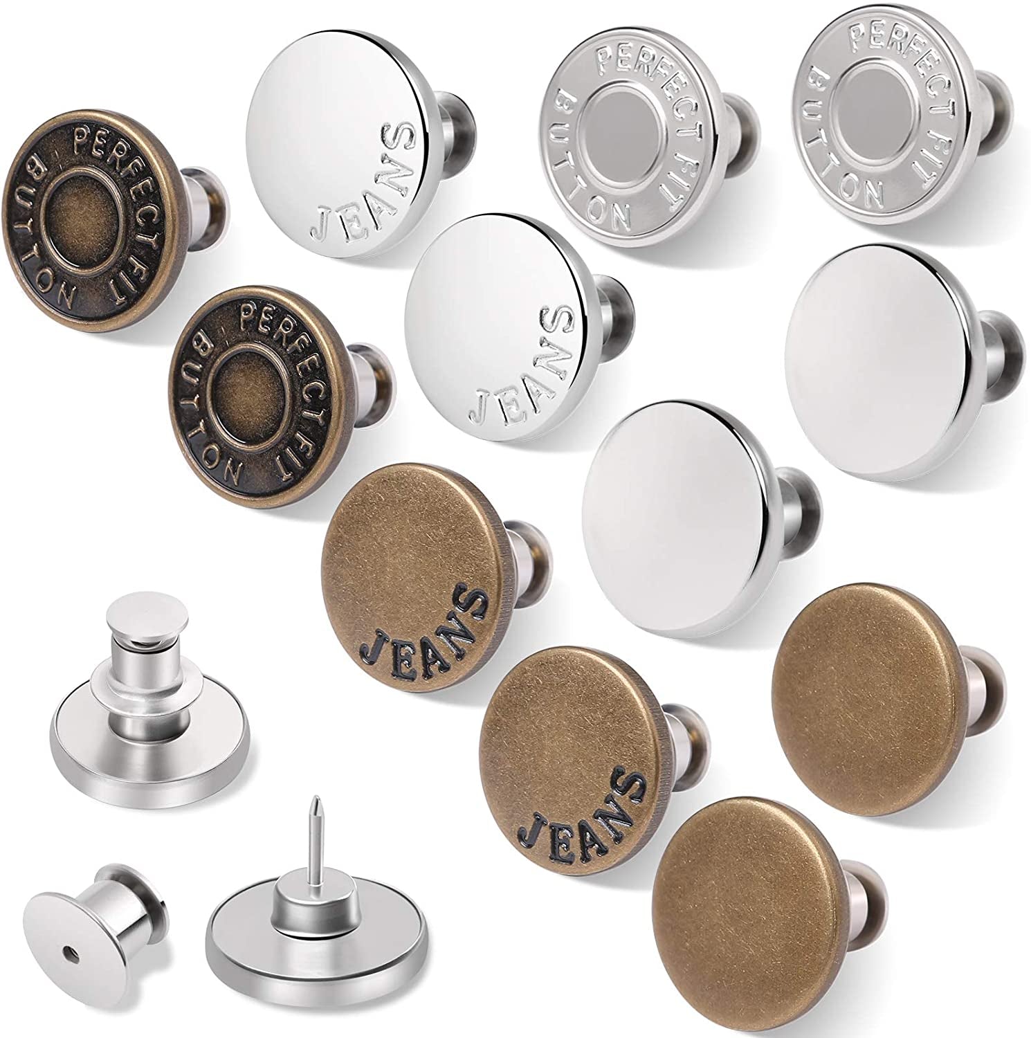 12 Sets Button Pins for Loose Jeans, No Sew and No Tools Instant Replacement Snap Tack Pant Button,  Reusable and Adjustable Metal Pants Button Tightener