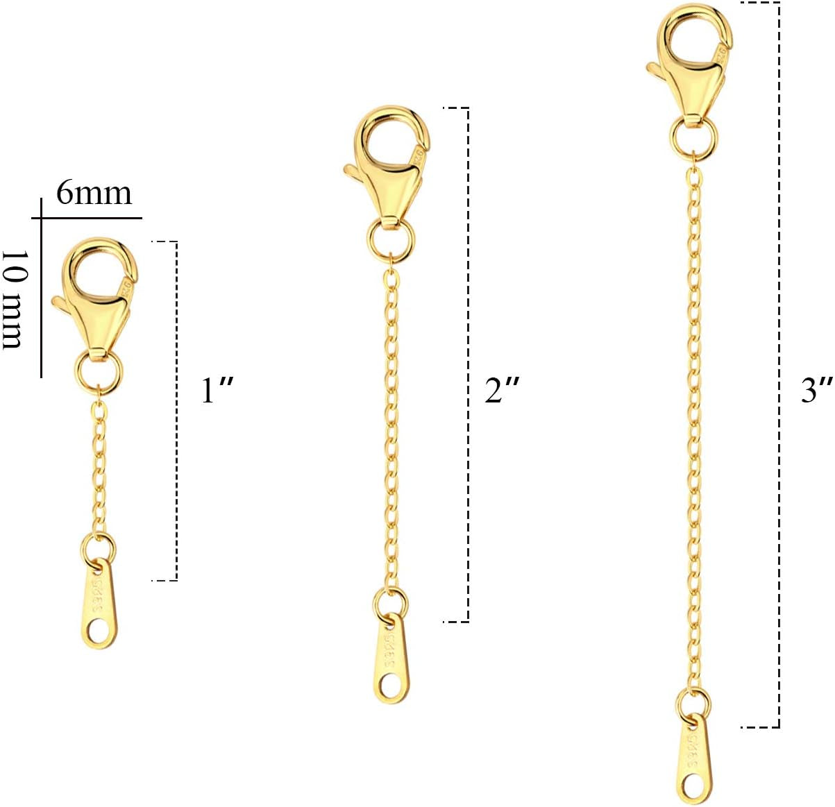 Extenders Chain Necklace 14K Gold Plated Sterling Silver Extension Chains for Jewelry Making(1 2 3 Inch)