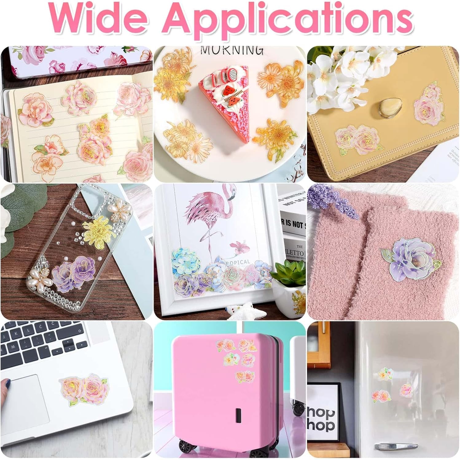 180Pcs Large Flower Stickers with Gold Foil Holographic Outlines, Waterproof Floral Stickers Vinyl Decorative Decals for Scrapbooking Supplies Junk Bullet Journals Envelopes Resin Crafts