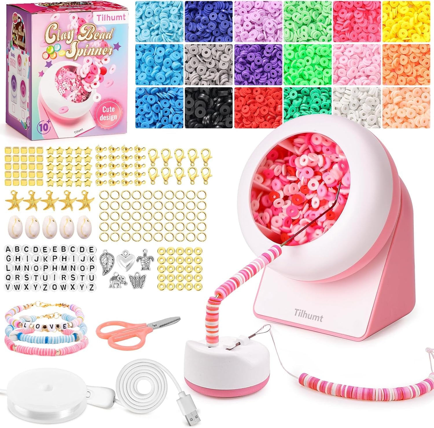 Bead Spinner with Clay Beads, Gift Beading Set for Girls, 2112Pcs Bracelet Making Kit with Electric Bead Spinner for Jewelry Making, Automatic Bracelet Maker for Making Friendship Bracelets