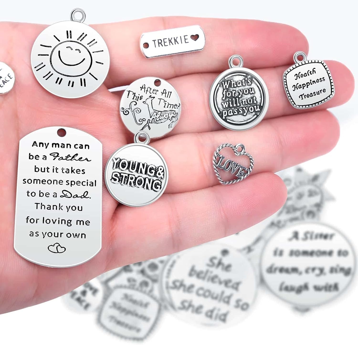 350Pcs Motivational Keychain Accessories Set with 50 Engraved Inspirational Words Charms, 50 Leather Keychain Tassels, 50 Keyring with Chain, 200 Open Jump Rings for Keychain Making, DIY Crafting