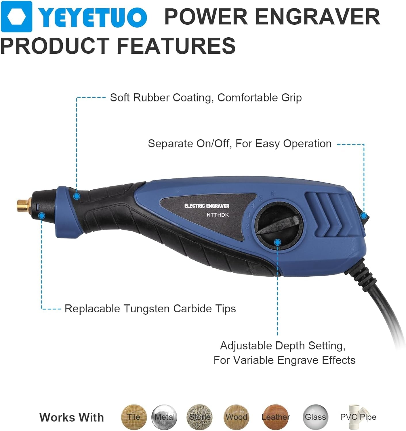 25W Engraving Pen, 6 Speed Power Engraving Tool, Handheld Engraver Pen with Tungsten Carbide Steel Bits for Wood Metal Glass Professional Etching Tool