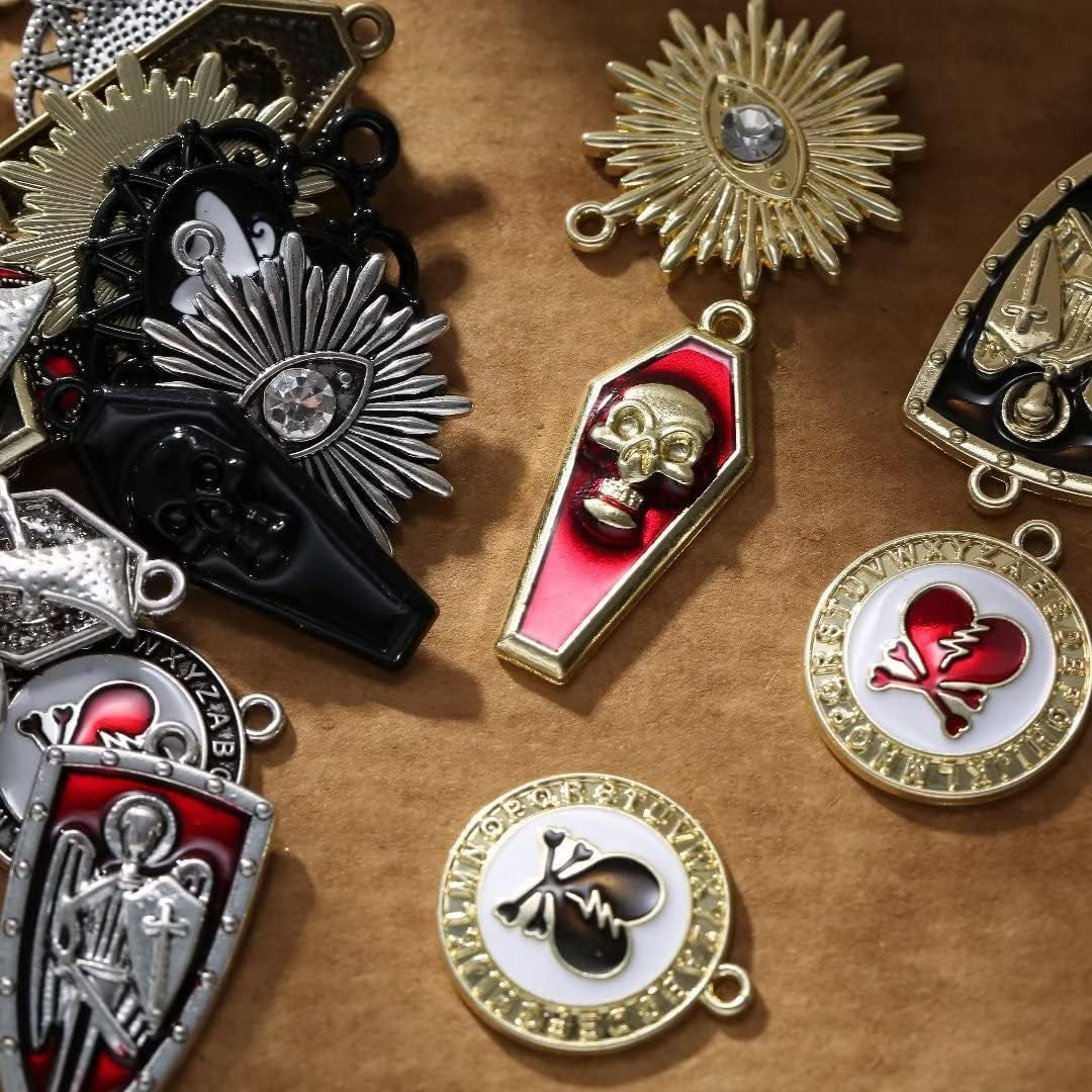 Baroque 64Pcs Assorted Gold Black Red Rose Skull Enamel Charms Coffin Cross Halloween Charm Pendant DIY for Earrings Necklace Bracelet Jewelry Making and Crafting
