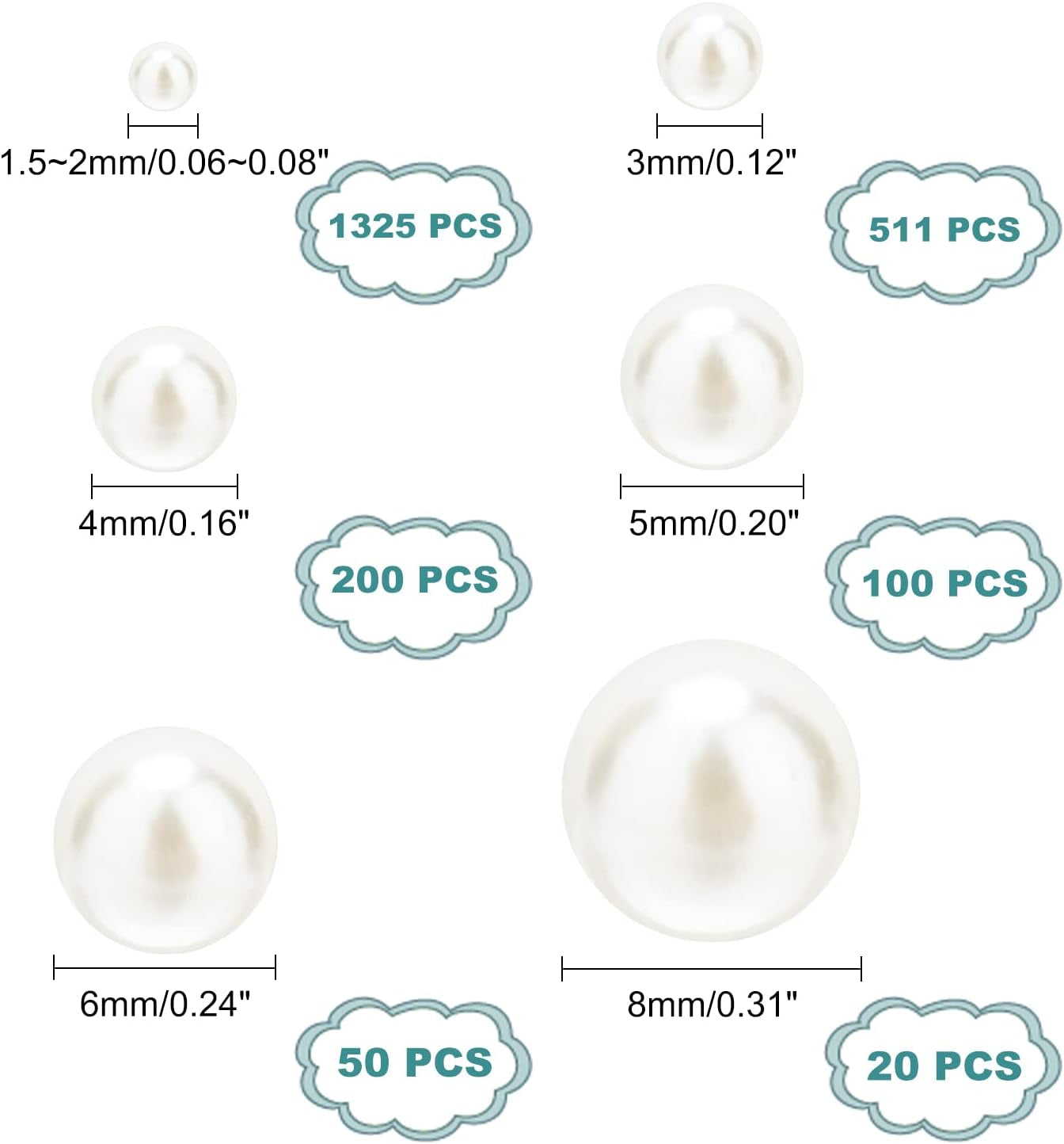 2200Pcs No Holes Pearls, White Pearl Beads Undrilled Imitated Pearl Beads Garment Acrylic Pearls for Crafting Table Scatter Floating Pearls Wedding Decor, 2/3/4/5/6/8Mm