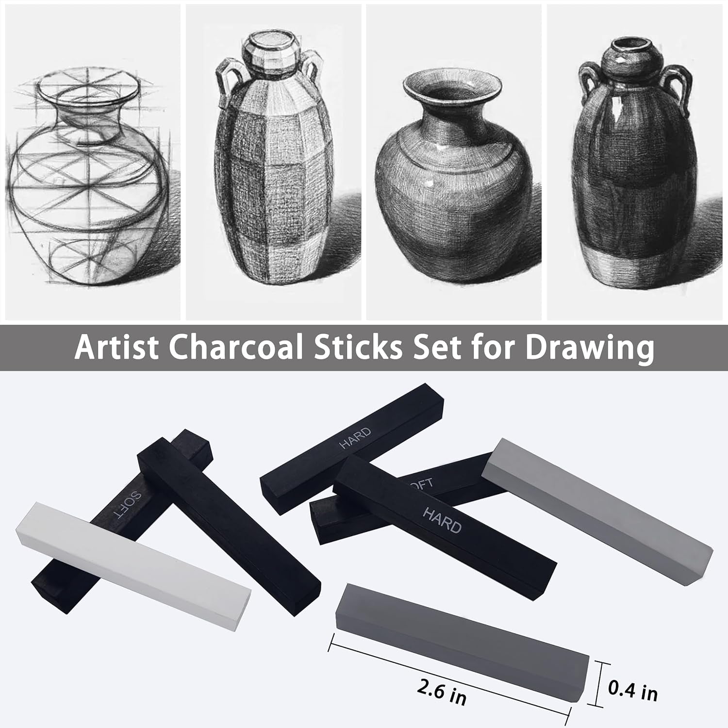 24 Pcs Compressed Charcoal Sticks with Soft, Medium, Hard and White Charcoal - Premium Drawing Charcoal Kit for Drawing, Sketching and Shading - Art Supplies for Artists Beginners
