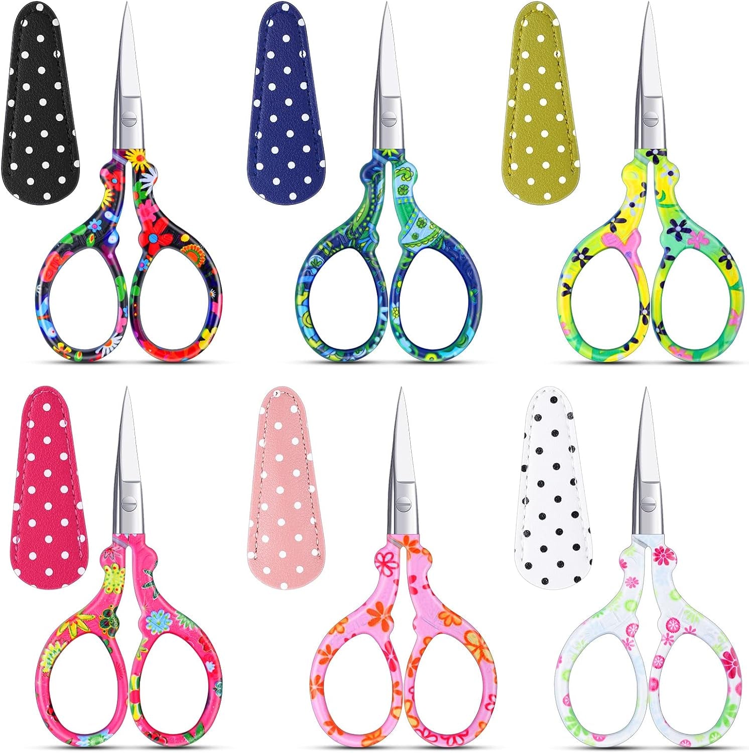 6 Pcs 3.6 Inch Embroidery Scissors with Artificial Leather Cover Sewing Scissors Stainless Steel Vintage Craft Scissors for Crafting Threading DIY Needlework Art Manual Handicraft (Fresh)
