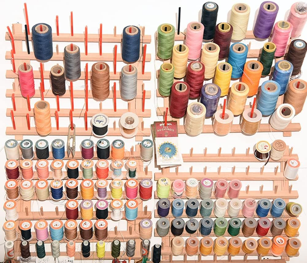 60-Spools Wooden Thread Holder Sewing and Embroidery Thread Rack and Organizer Thread Rack for Sewing with Hanging Hooks
