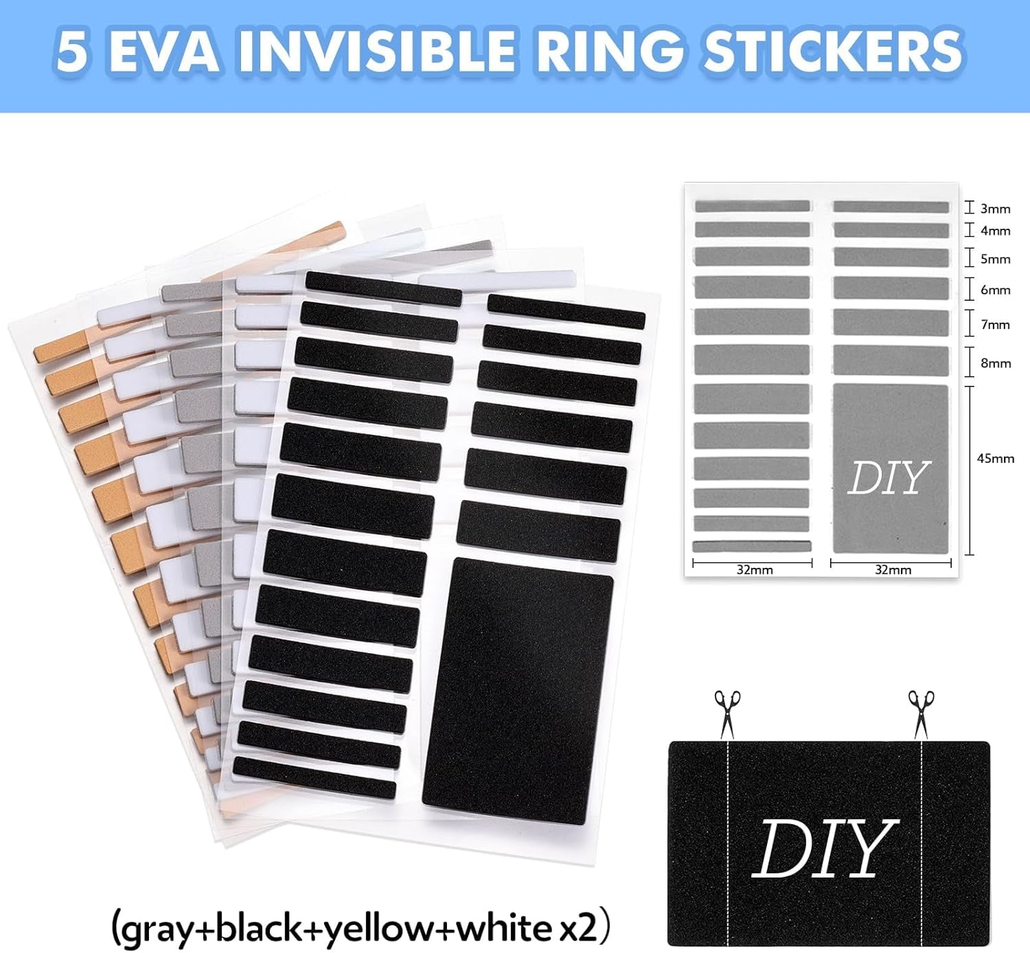 Ring Size Adjuster for Loose Rings- 110 Pcs Ring Size Adjusters Set Includes 8 Plug-In Invisible Ring Adjuster, 8 Spiral Silicone Tightener, EVA Invisible Sticker,Ring Size Measuring Tool