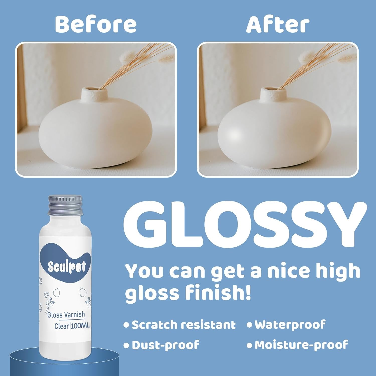 Clay Varnish for Air Drying Clay, 100ML Gloss Finish Air Dry Clay Glaze, High Gloss &amp; Water Proof, and Scratch Resistant, Design for Air Dry Clay Pottery (Gloss Varnish)