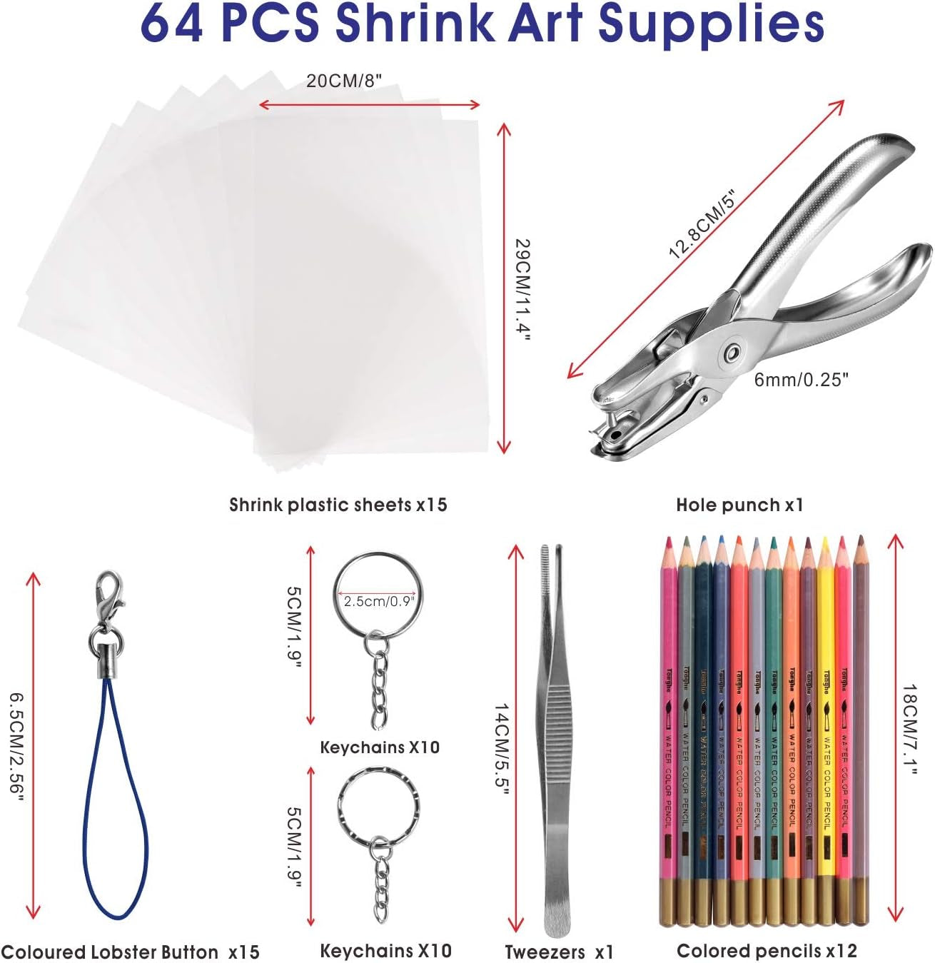 64Pcs Heat Shrink Plastic Sheets&amp; Shrinky Art Paper Kit with 15PCS Clear Plastic Blank Sheets, Hole Punch, Keychains, Colored Lobster Clasp, Pencils for Kids Creative DIY Handmade Craft