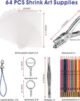 64Pcs Heat Shrink Plastic Sheets& Shrinky Art Paper Kit with 15PCS Clear Plastic Blank Sheets, Hole Punch, Keychains, Colored Lobster Clasp, Pencils for Kids Creative DIY Handmade Craft