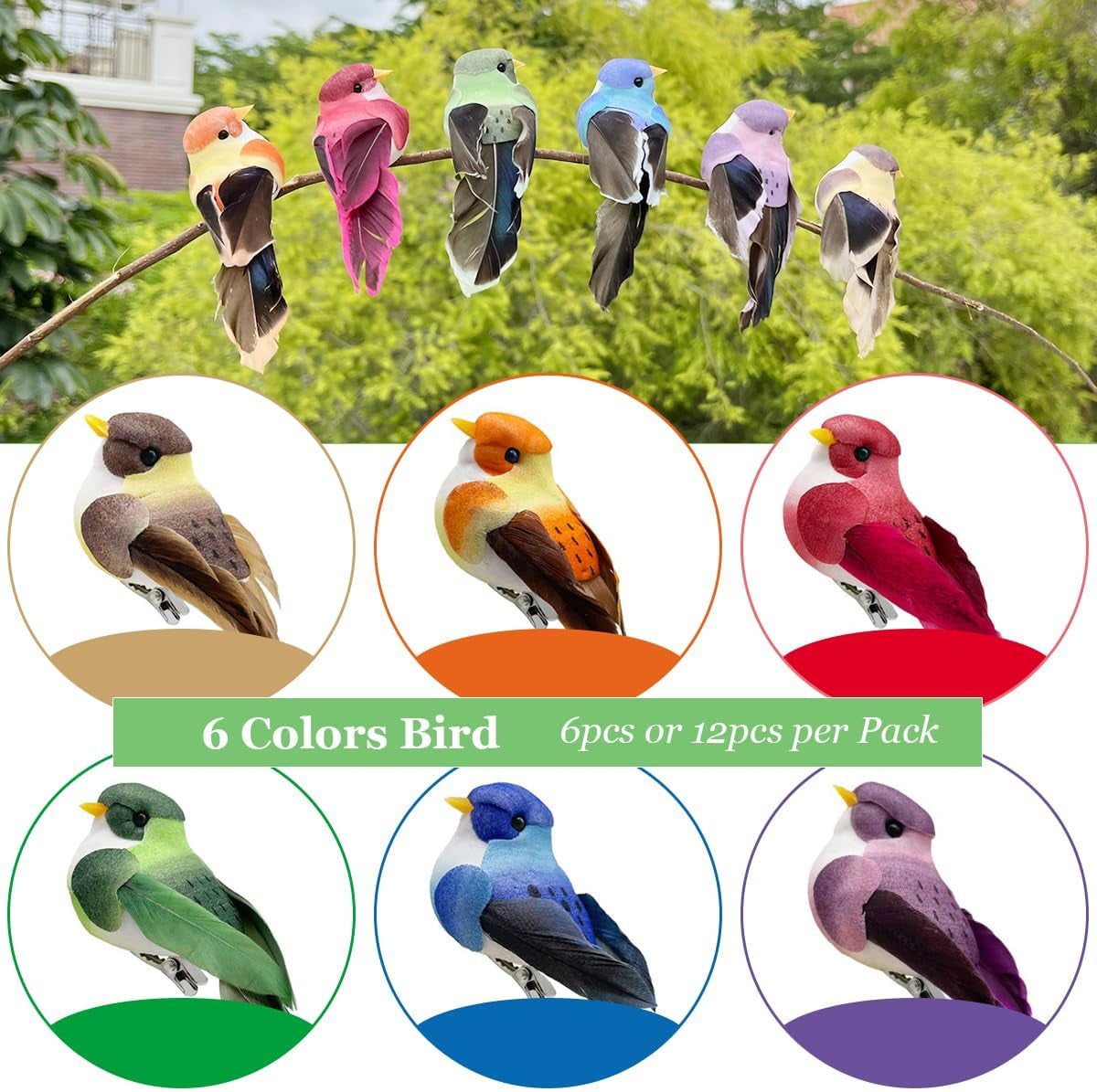 12Pcs Artificial Decorative Birds 3.5-Inch Realistic Feather Sparrow Clip on Bird Ornaments for Crafts Christmas Tree Decoration Home Decor Flower Arrangements
