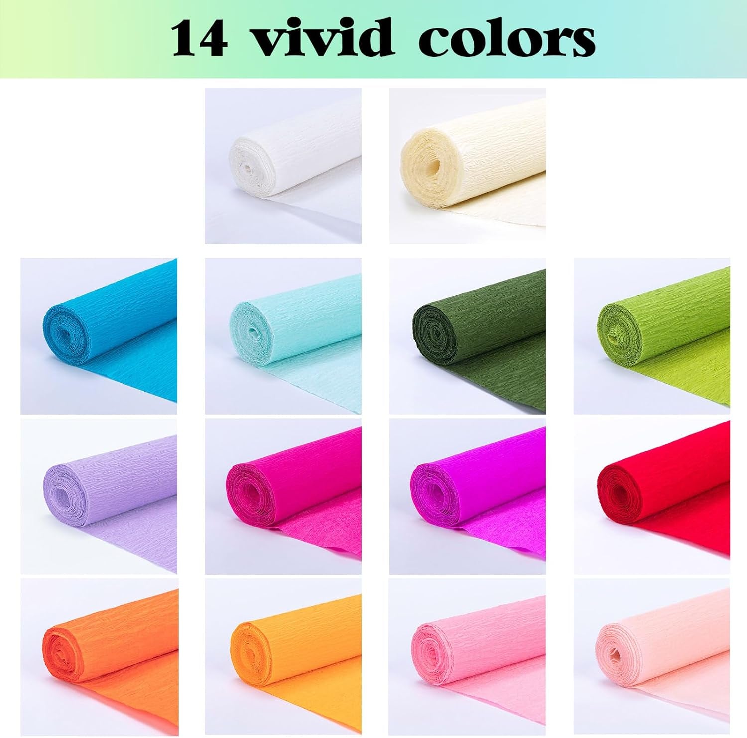 65Pcs Crepe Paper Flower DIY Kits, 14 Rolls Rainbow Colors Crepe Paper Rolls 8Ft Long 10 Inch Wide, 50 Pcs Green Floral Iron Wire and 1 Roll Green Tape for Birthday Party Wedding Festival Ornament