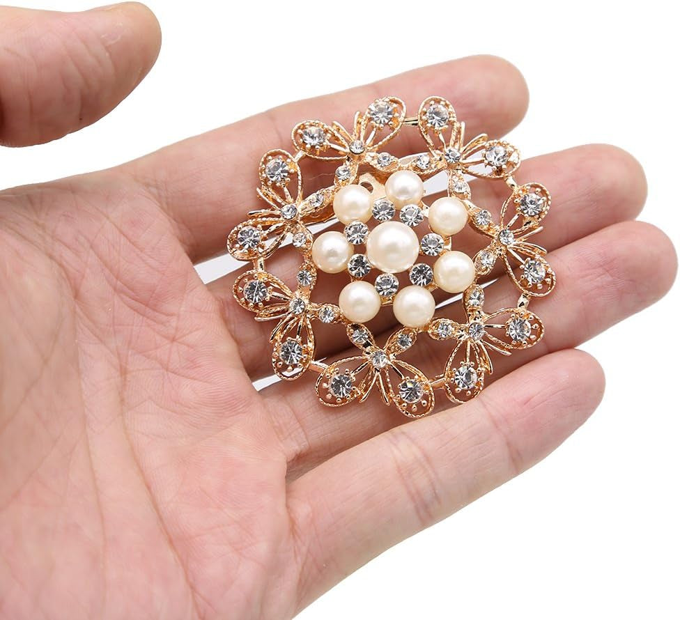 Lot 9Pcs Rose Gold-Tone Rhinestone Brooches, Big Pearl Crystal Wedding Bouquet Kit Set