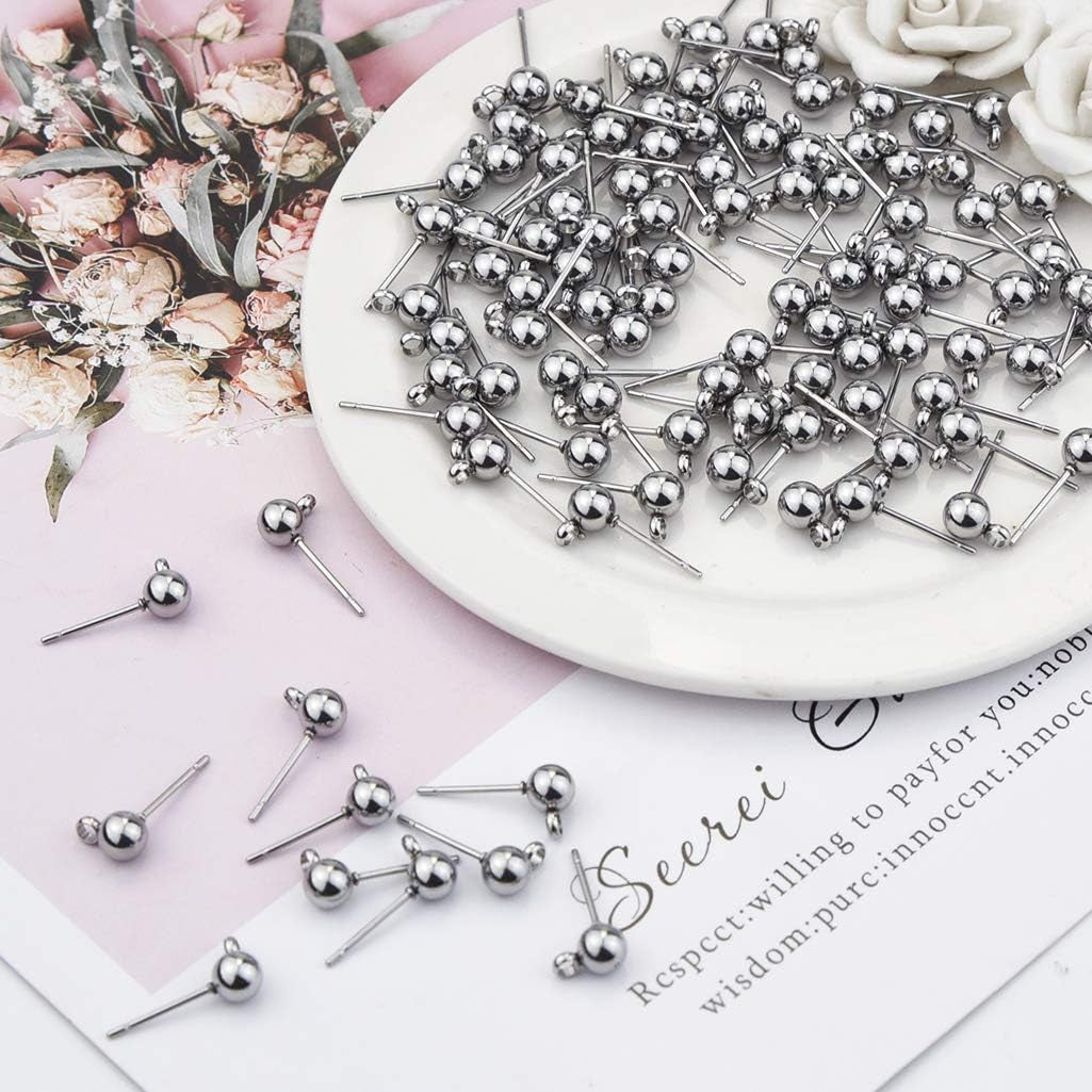 100Pcs Hypoallergenic Earring Posts Stud Earrings Stainless Steel Silver Ball Post with Loops Earring Studs 5Mm Ball Post for Jewelry Earring Making(Sliver, 5Mm)