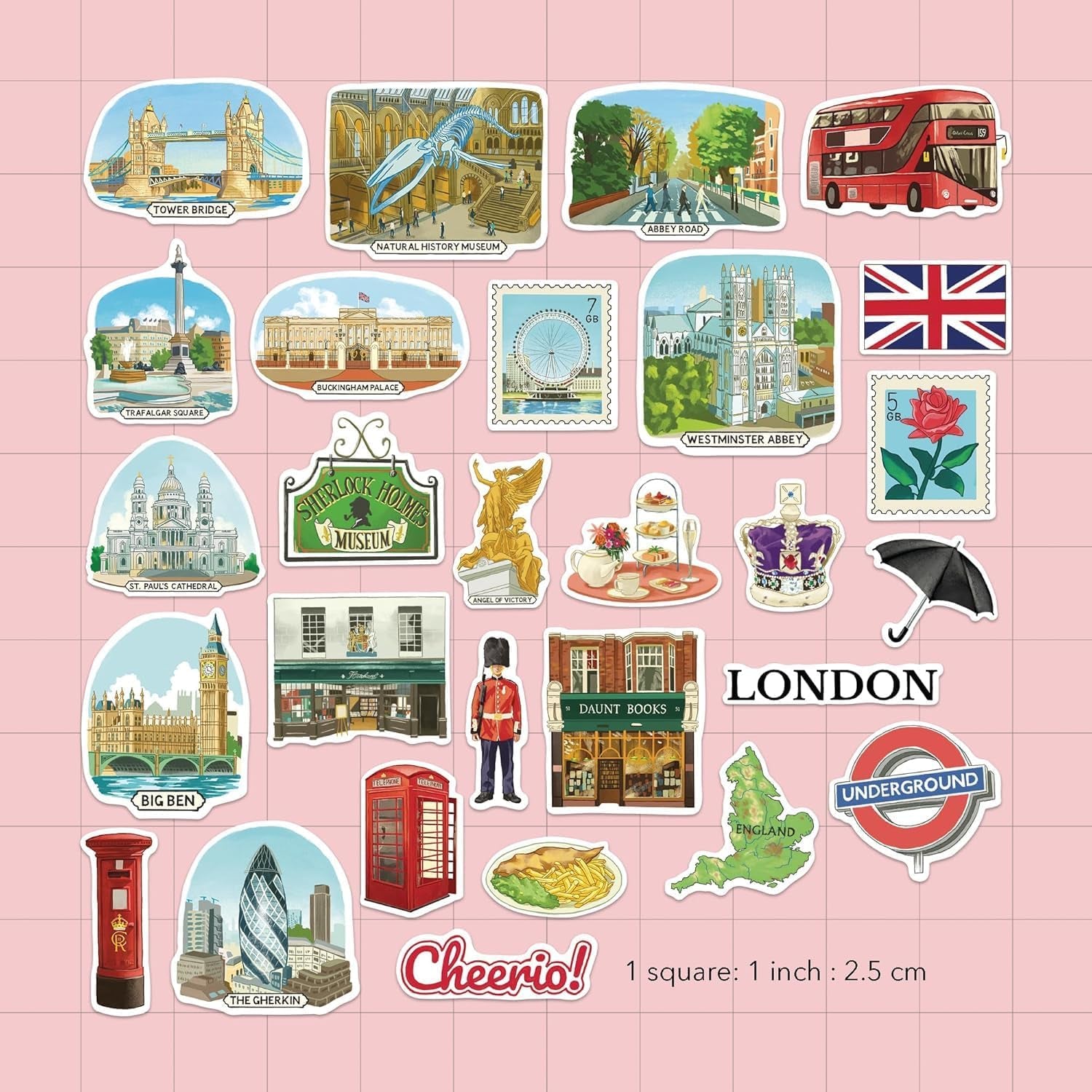 Bustling London Travel Stickers (28Pcs) - Gouache Style, English-Themed Vacation Decals for Journals, Scrapbooks, Luggage, Water Bottle