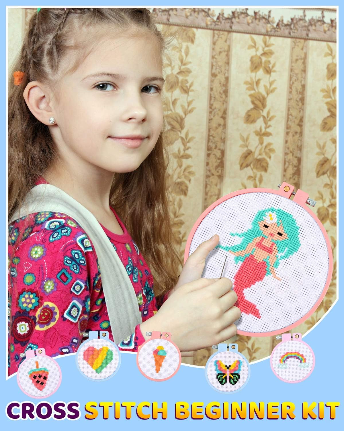 6 Pcs Cross Stitch Kits for Beginners for Kids 7-13, Kids Embroidery Kit Needlepoint Kit Arts and Crafts Kit with Instructions for Backpack Charms, Ornaments and Needle Craft