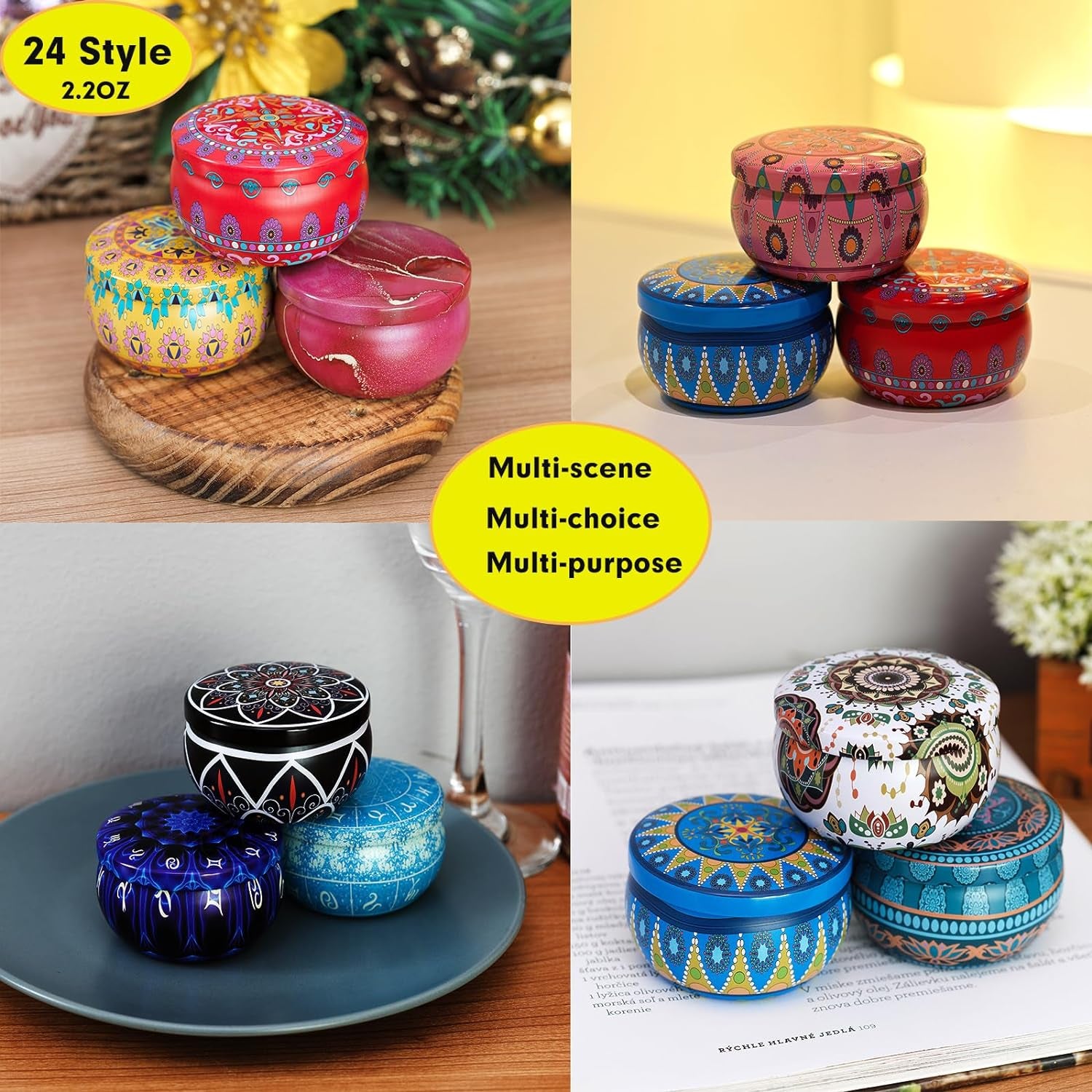 Candle Tins with Lid, 2.5Oz 24 Designs Tinplate Cans with Wicks, Wick Holders, Wick Stickers for Candle Making, DIY Arts and Crafts, Small Item Storage