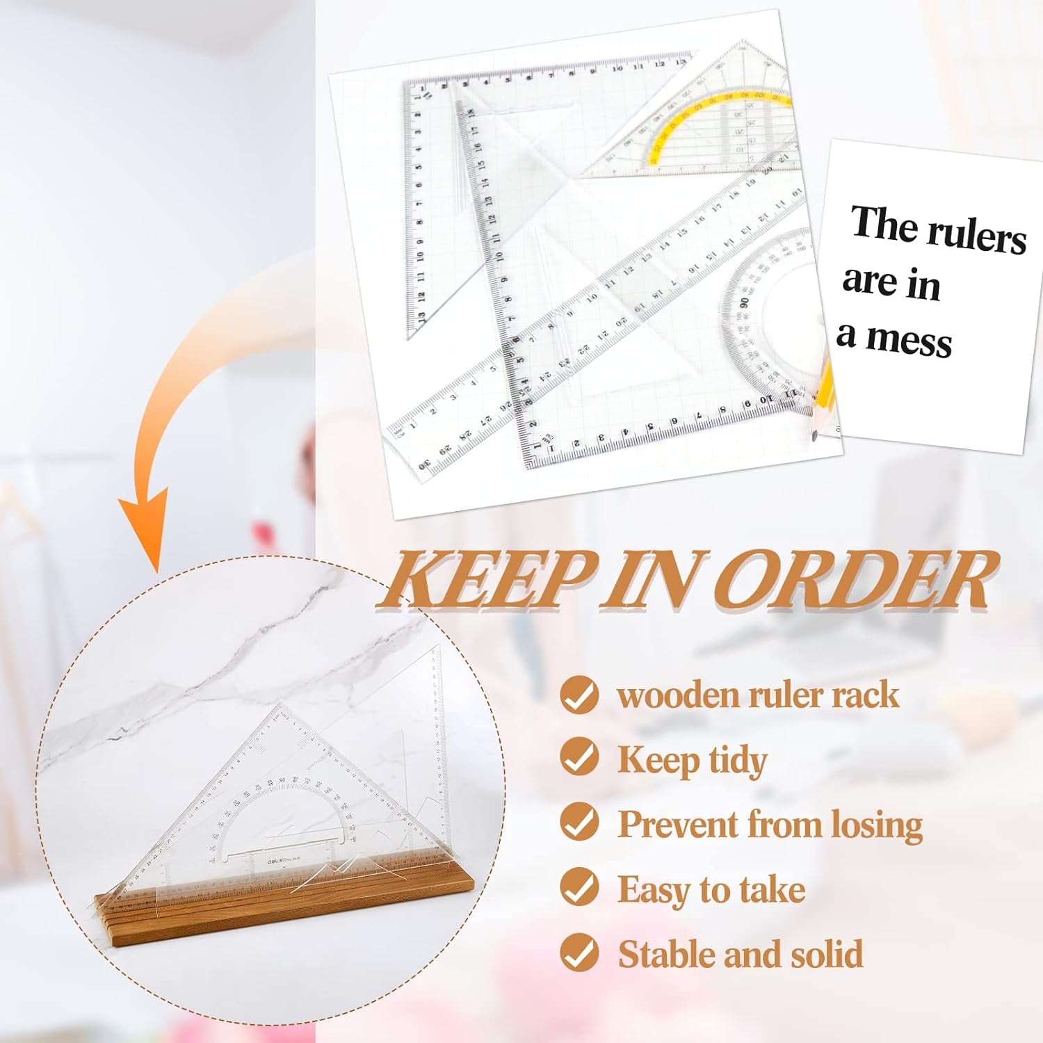 2 Pieces Wooden Ruler Rack Quilting Ruler Rack Organizer Quilting Ruler Holder Wood Quilting Grid Ruler with 5 Slots for Ruler Organizer Home Office Desk Stand (Brown)