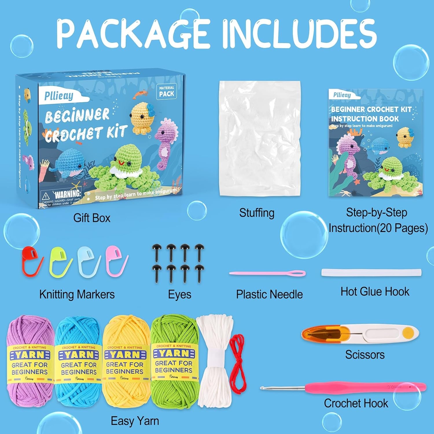 Crochet Kit for Beginners, Beginner Crochet Kit for Adults & Kids with Step-By-Step Video Tutorials, Knitting Kit, 4 Pattern Crochet Animal Kit - Whale, Jellyfish, Sea Horse and Octopus