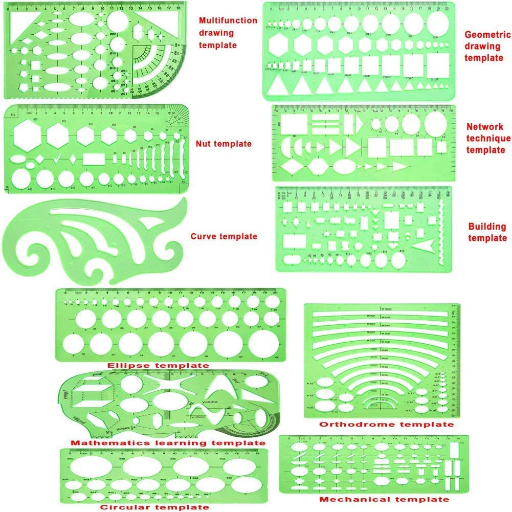 11 Piece Geometric Drawing Template Measuring Ruler, Transparent Green Plastic Ruler with Portable Plastic Bag For, for Studying, Designing and Building