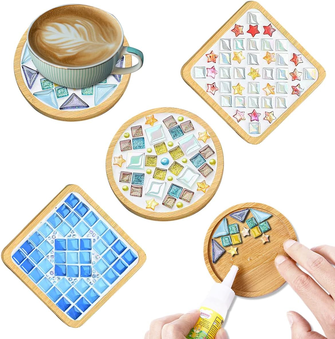4 Sets DIY Glass Mosaic Tiles for Crafts,Mixed Color Mosaic Kits with Wooden Coaster for Adults,Mosaic Crafts Materials Package for Coaster Handmade Home Decor Gifts