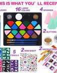 Face Painting Kit for Kids - 16 Colors Water Based Body Face Paint Includes Brushes,Sponges,Glitters,Gem Sheet,Instructions,Stencils for Halloween Party Costume SFX Makeup