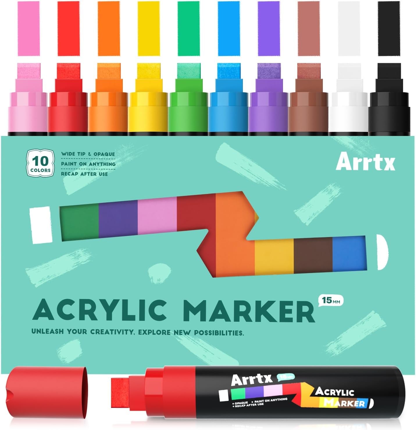 10-Piece Jumbo Acrylic Paint Markers, 15Mm Felt Tip, Waterproof, Odorless, Non-Toxic, Multi-Surface Art Supplies for Rock Painting, DIY Crafts Making