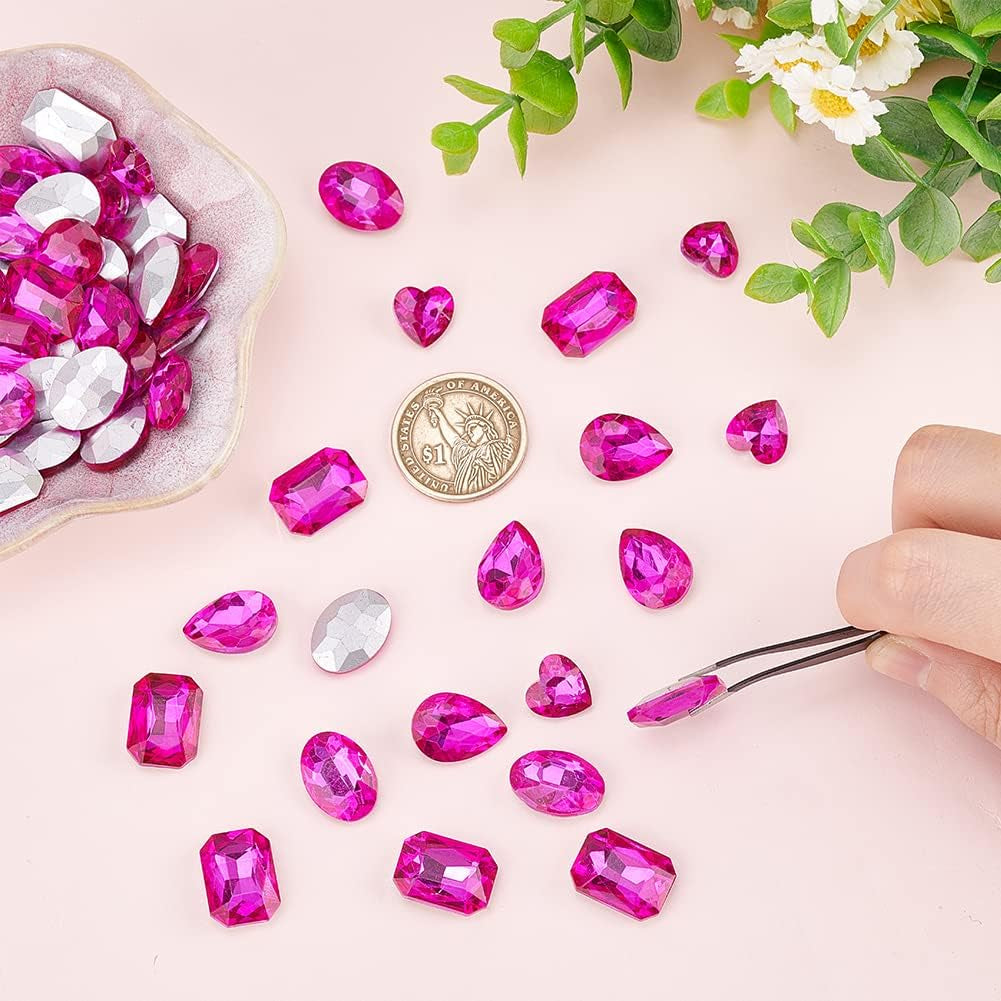 64 Pcs 4 Shapes Pointed Back Rhinestone 18Mm Glass Rhinestones Gems Fuchsia Rectangle/Teardrop/Heart/Oval Jewels Embelishments with Silver Plated Back Crystals Stones for Jewelry Making