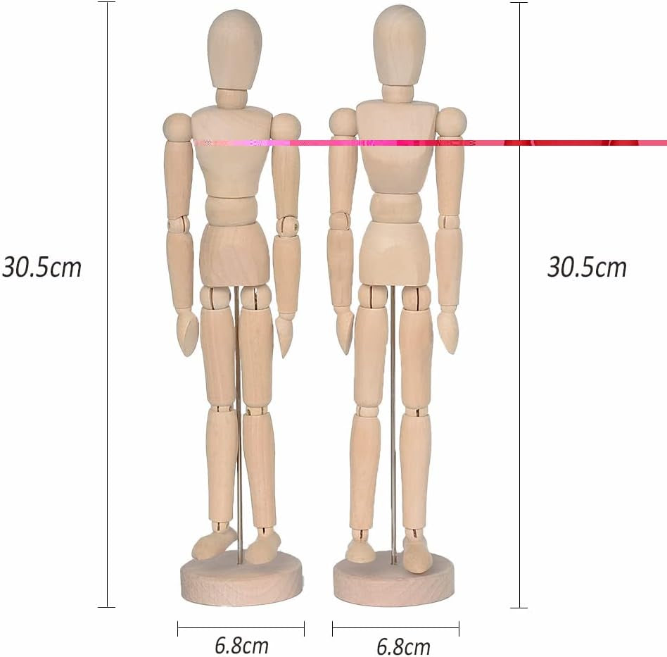 2 Pack 12 Inches Tall Wooden Mannequin Artist Manikin with Stand - Great for Drawing or Desktop Decor （Men and Women/Dad and Mom ）