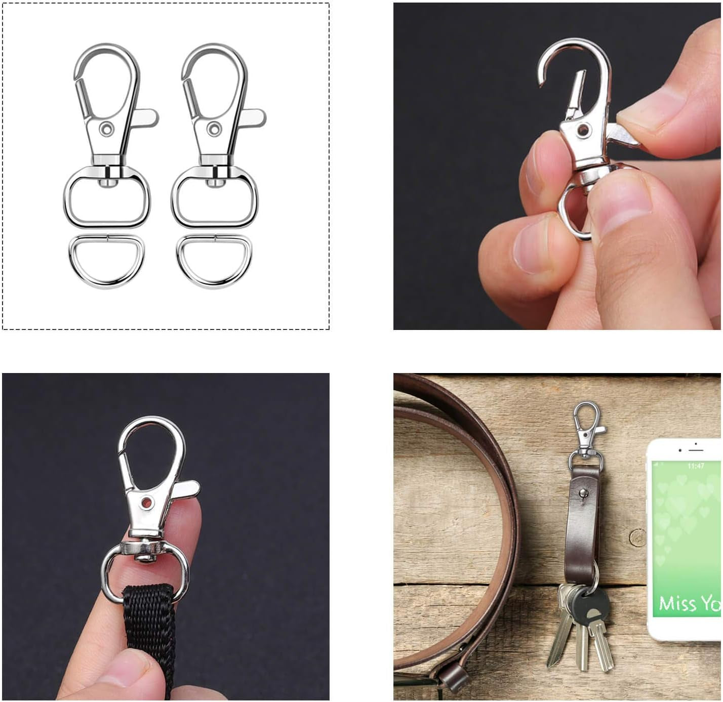100Pcs Key Chain Clip Hook and D Rings Set Include 50Pcs Swivel Snap Hooks Lanyard Clips and 50Pcs D Rings for Keychain and Purse Hardware (1/2” inside Width)