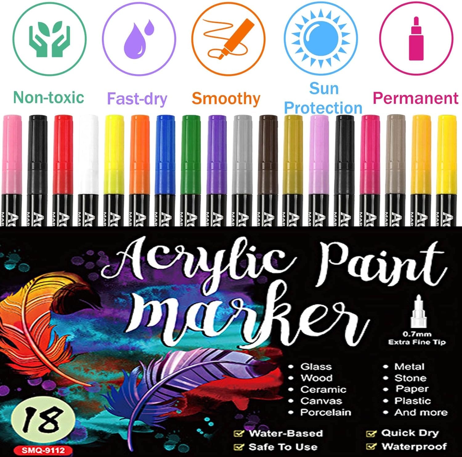 Acrylic Paint Pens for Rock Painting,Set of 18 Extra Fine Point Non-Toxic Acrylic Paint Pen Paint Markers for Stone,Ceramic,Glass,Wood,Canvas,Fabrics DIY Crafts