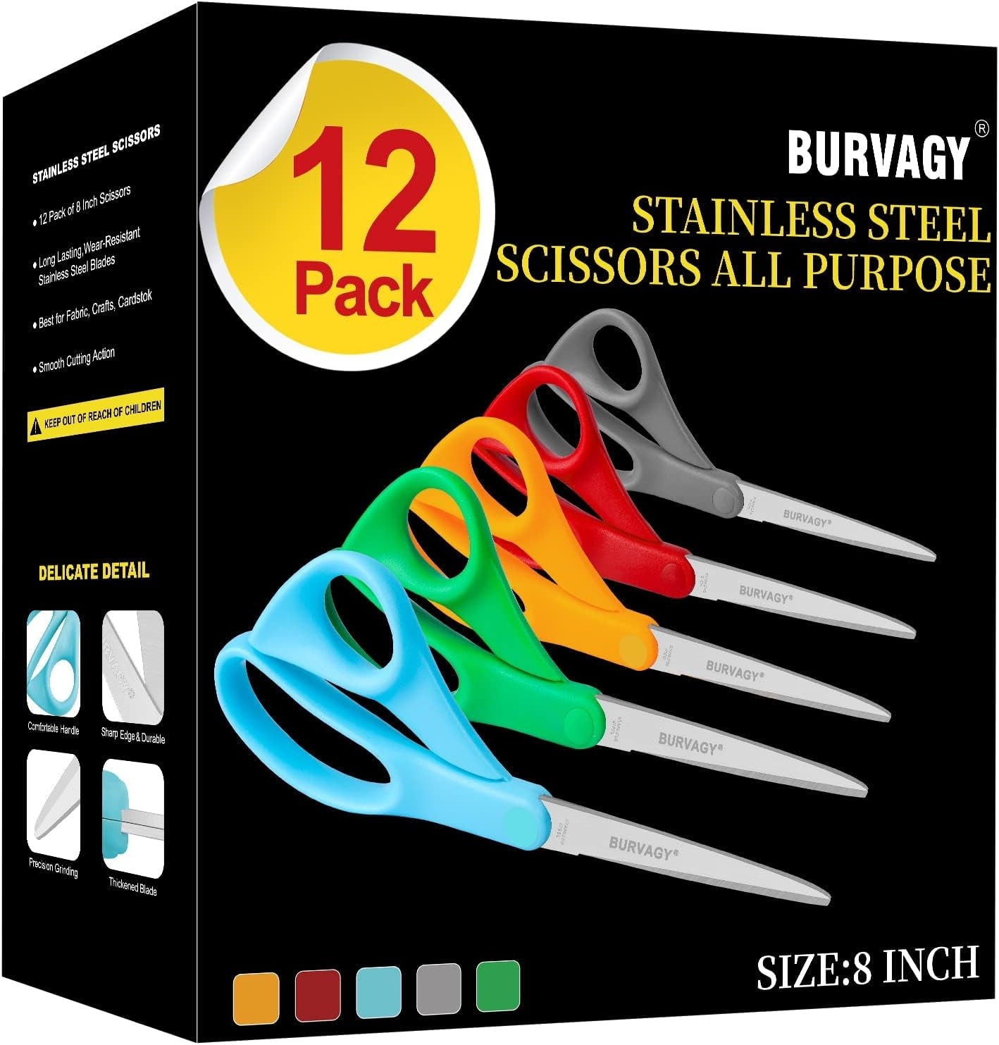 Scissors,  8" Multipurpose Heavy Duty Scissors, 12-Pack Ultra Sharp Scissors All Purpose Comfort-Grip Scissors for School Office Home Sewing Fabric Craft Supplies, Right/Left Handed.