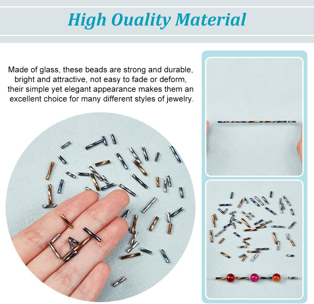 2000Pcs Twisted Bugle Beads, 3 Colors Metallic Bugle Beads 6/9/12Mm Glass Long Tube Seed Bead Craft Beads Loose Spacer Beads for Fringe Earrings Bracelets Necklaces Jewelry Crafts Making