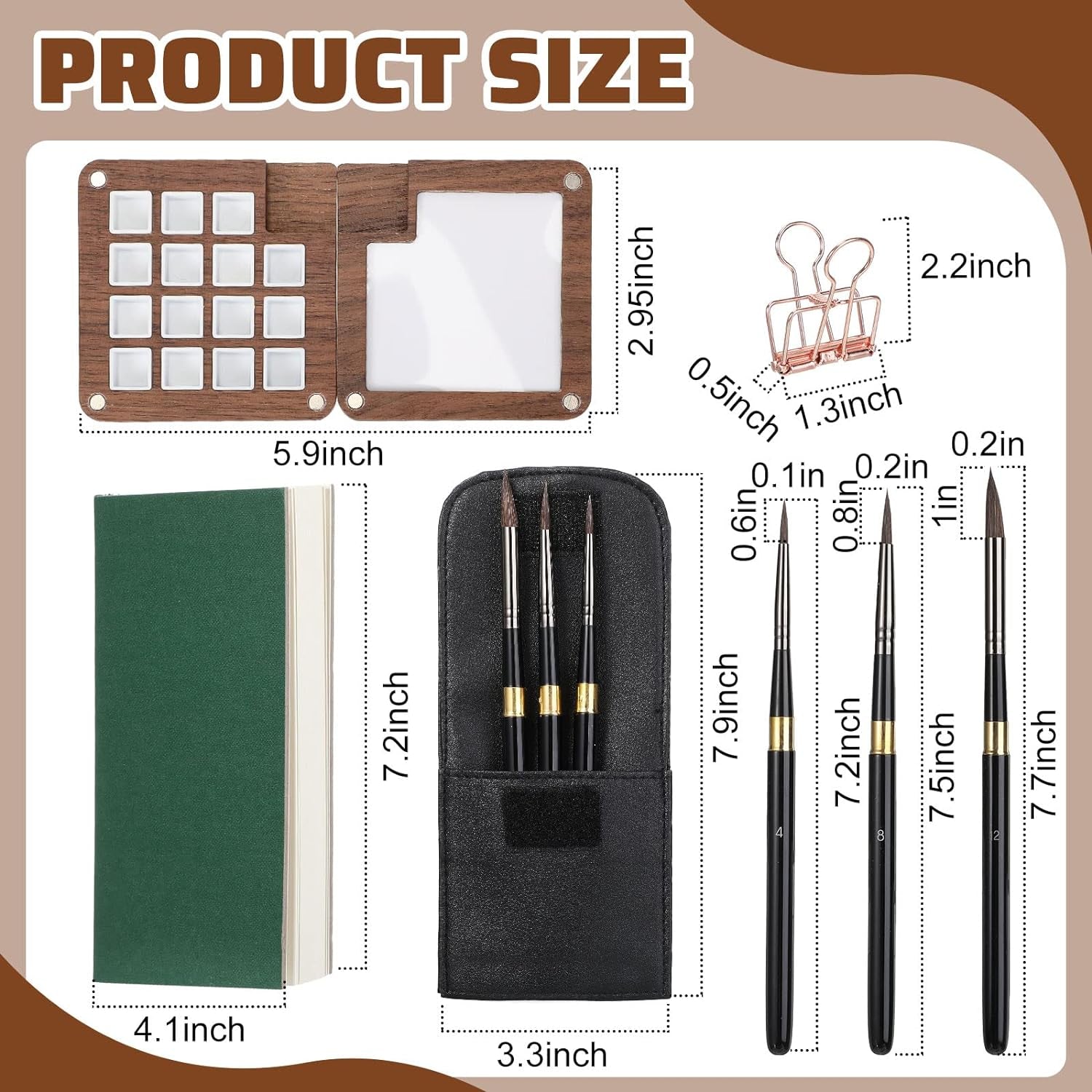 7 Pcs Portable Watercolor Palette with Clip Mini Watercolor Paper Sketchbook Travel Watercolor Brushes Set Wooden Color Palette Box 3 round Artist Paint Brushes with Protective Case (15 Color)