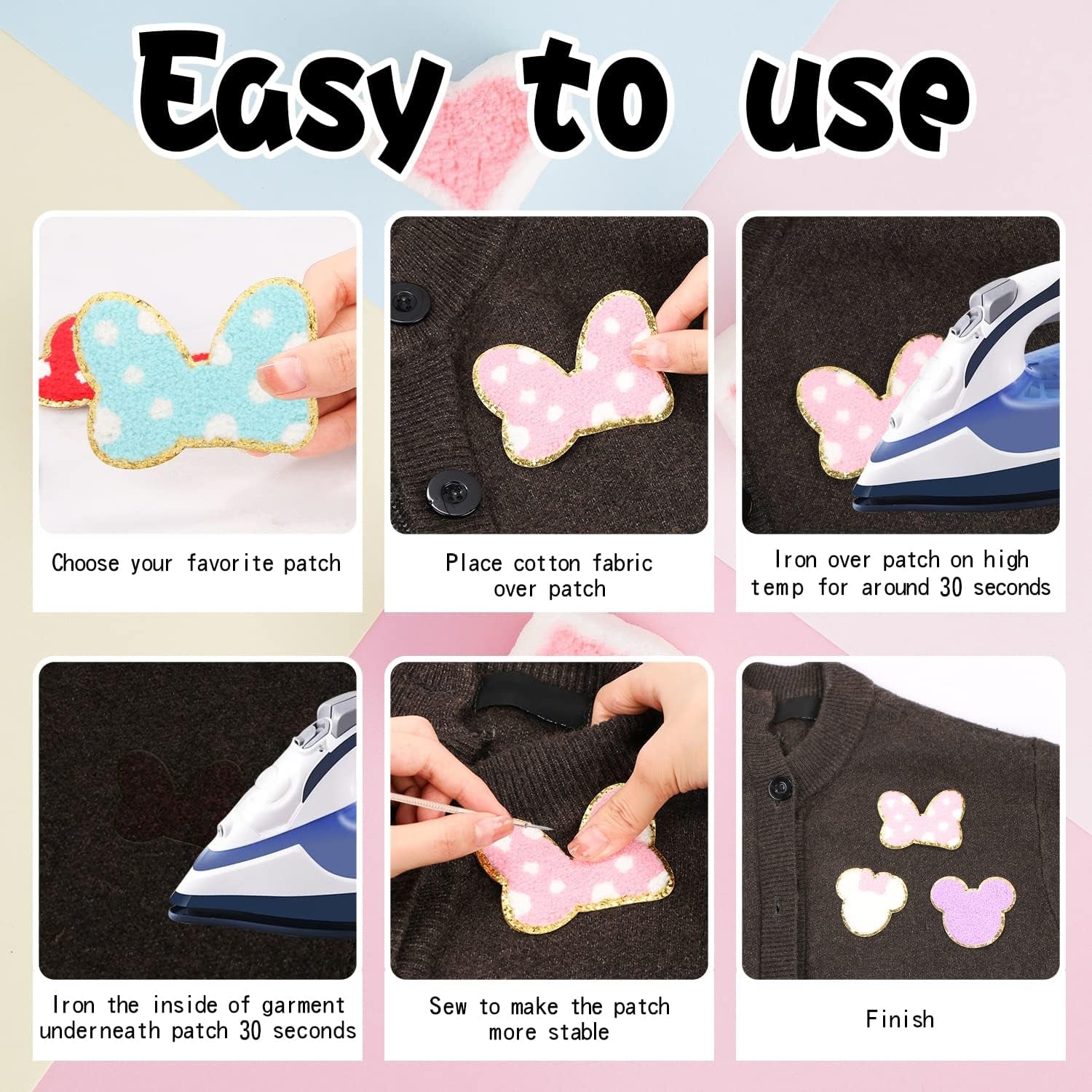 18PCS Colorful Bowknot Mouse Chenille Iron on Patches,  Cute Bow Mouse Head Embroidered Patches Set Sew on Embroidered Applique Patches Gold Trim Iron on Patches for Clothing DIY