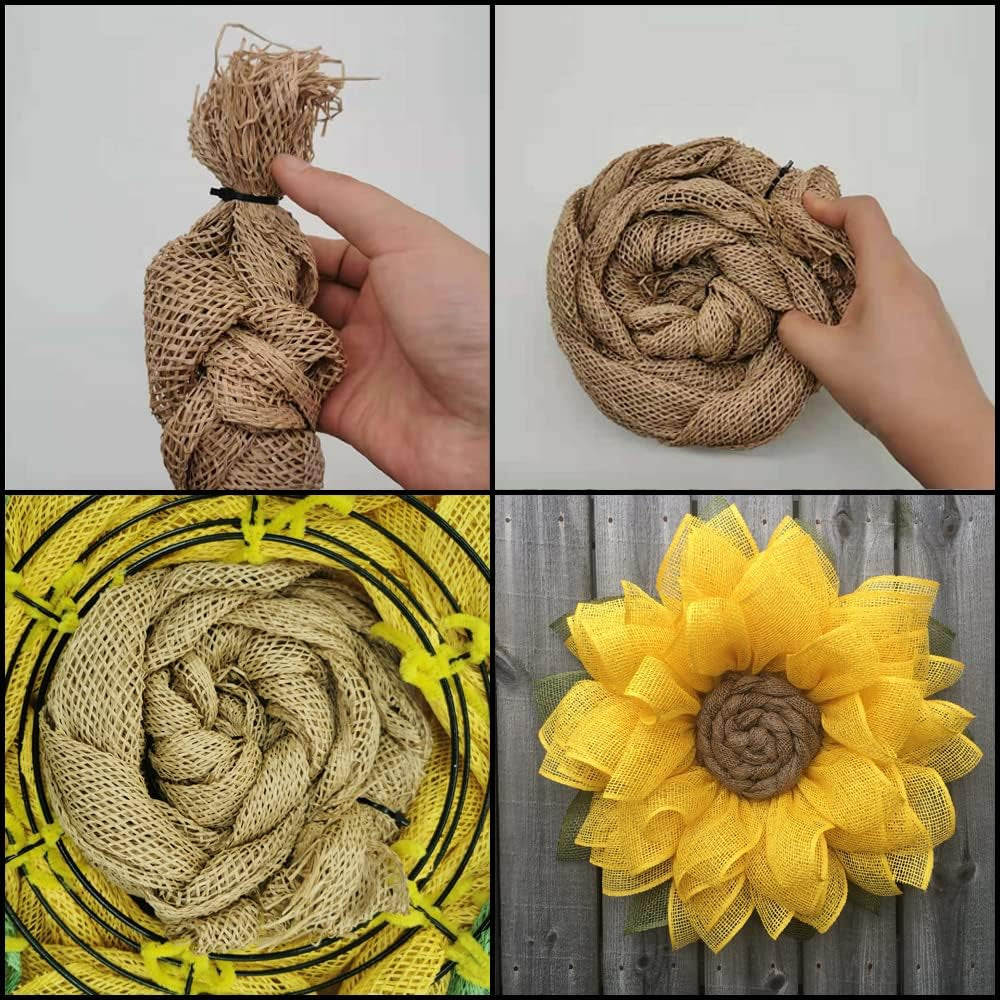 4 Rolls Poly Burlap Deco Mesh 10 Inches Kit for DIY Front Door Sunflower Wreath Zip Ties Chenille Stems Included (Yellow-Green-Burlap)