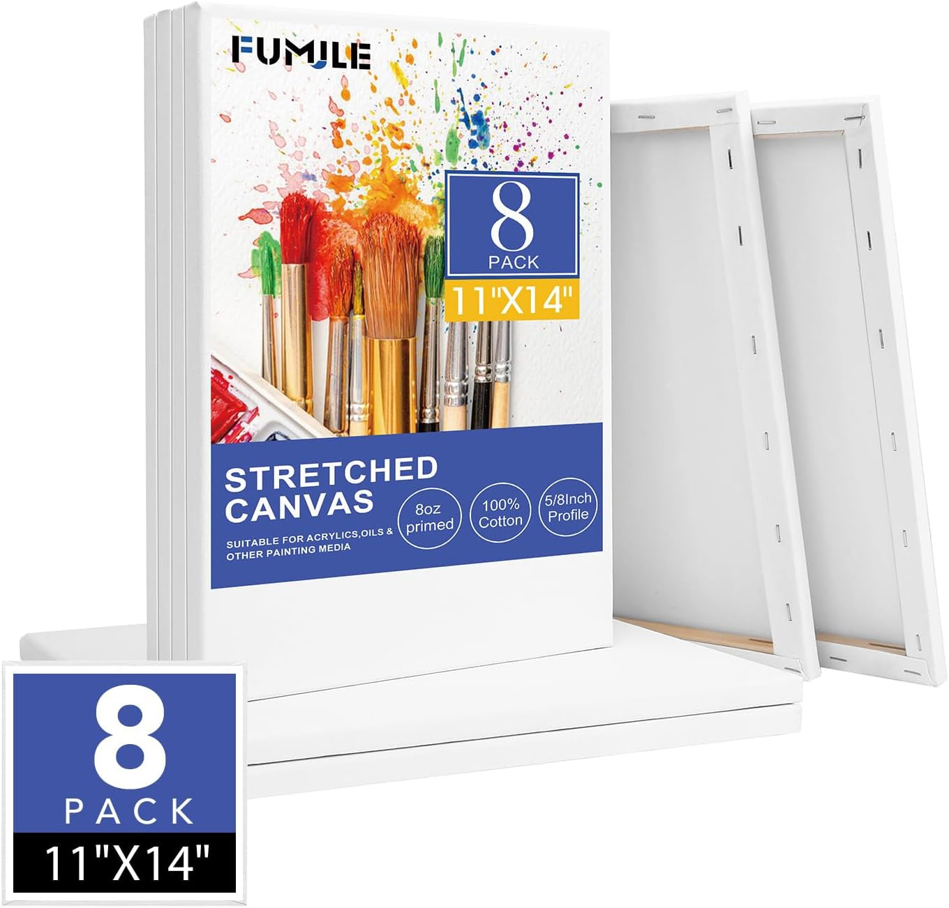 Stretched Canvas for Painting 11X14 Inch, 8 Pack Blank Canvas -5/8 in Profile Primed Cotton White Canvases for Painting for Oil & Acrylic Paint