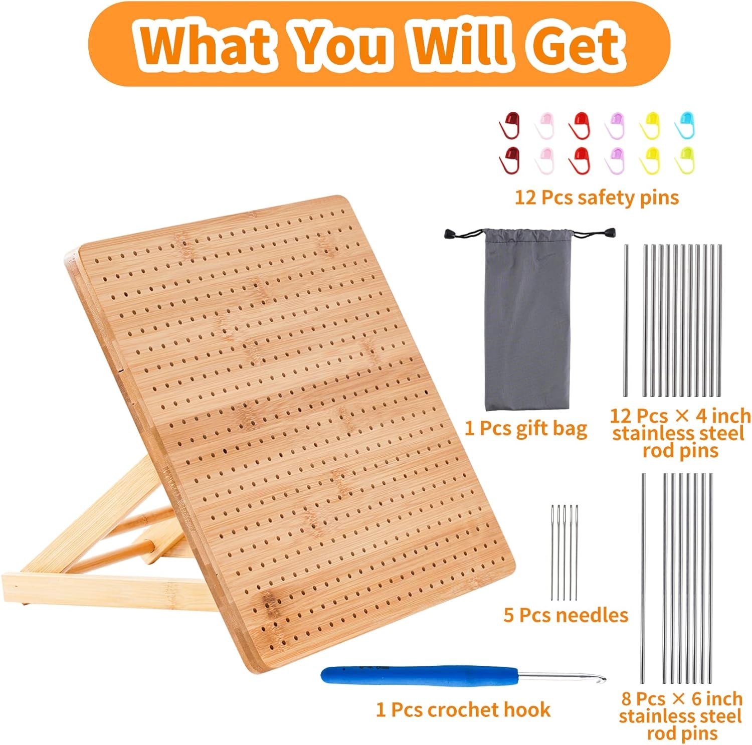 Crochet Blocking Board, 11.6 Inches Bamboo Blocking Board for Knitting Crochet and Granny Squares, Handcrafted Knitting with 20 Pcs Stainless Steel Pins and Crochet Kit