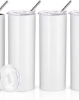 Skinny 20 OZ Straight Stainless Steel White Tumbler with Metal Straw for Heat Press Machine Printing 4 Pack