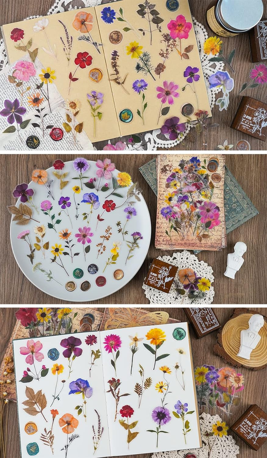 Pressed Flower Themed Stickers Set (320 Pieces) Dried Flowers Resin Stickers Decals Floral Botanical Journaling Stickers for Scrapbook Supplies Junk Journal Bullet Journal Planner Laptops