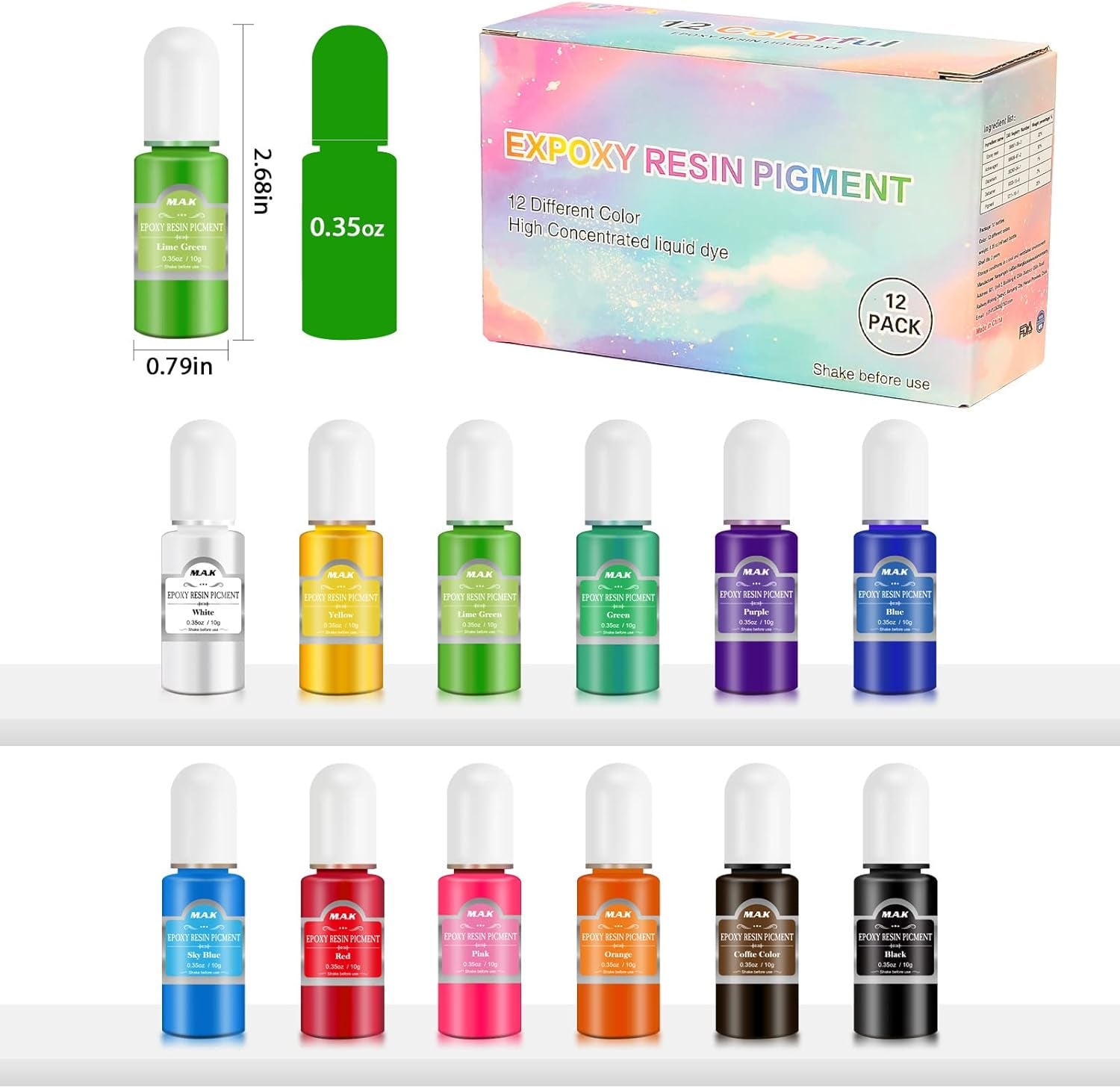 Epoxy Resin Pigment - 12 Colors Epoxy Resin Liquid Dye Transparent High Concentration Resin Colorant for Epoxy Resin Crafts Art Coloring, Painting, Jewelry DIY Making, 0.35Oz/10 Ml Each