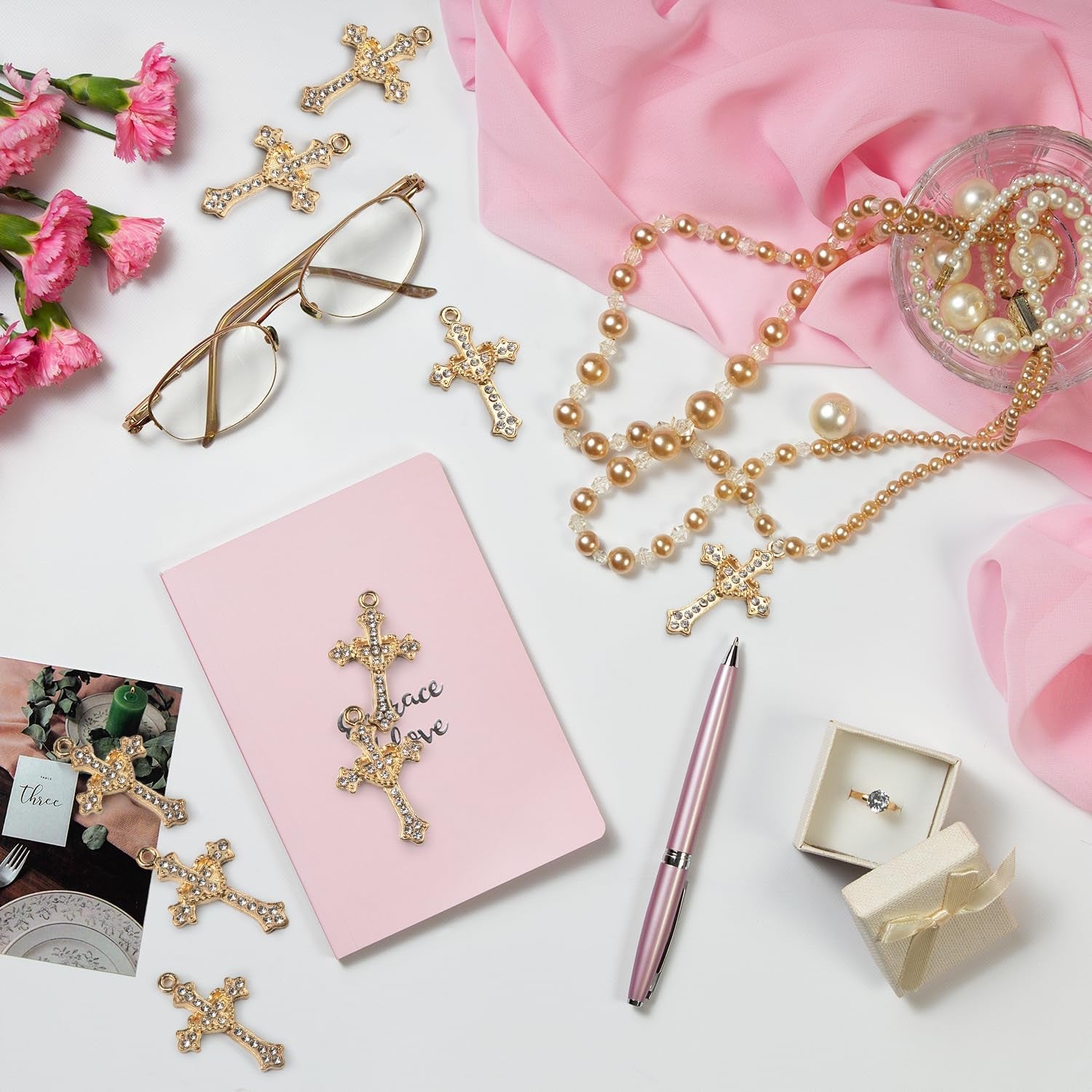Cross Charms Rhinestone Alloy Cross Pendants Beads 40 Pcs Link Religious Virgencita Charms Small Crosses for Bracelets Jewelry Making Rosary Necklaces Earrings DIY Crafts
