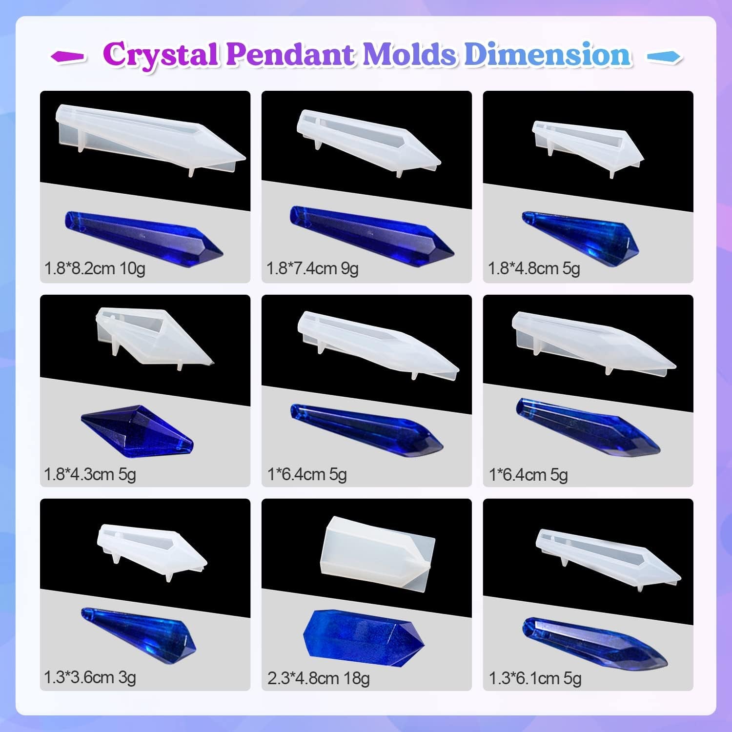 Resin Molds 18Pcs Pendulum Crystal Molds for Resin, Silicone Molds for Resin,Multi-Facet Resin Jewelry Molds for Quartz Crystals Pendants, Resin Necklace,Uv Resin