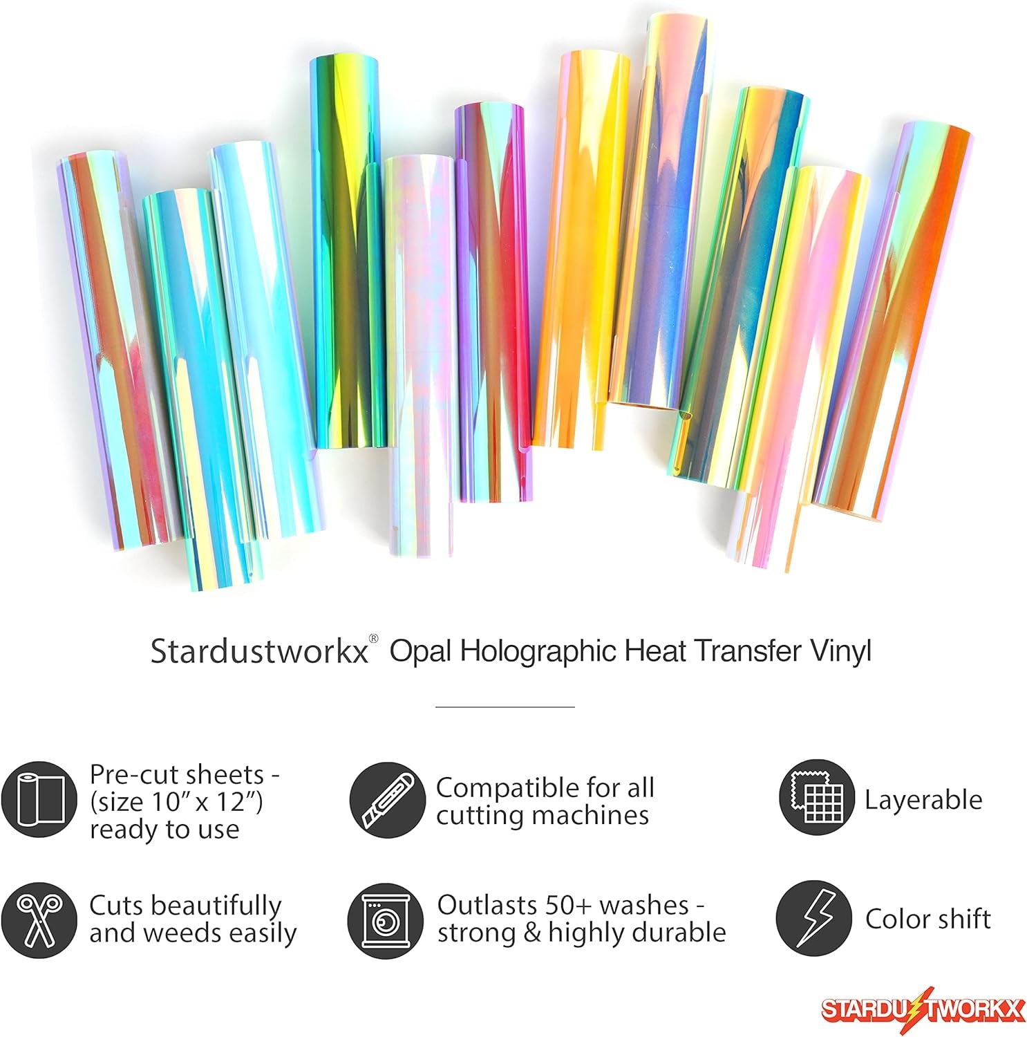 Opal Holographic Heat Transfer Vinyl 11 Pack Holographic Iron on Vinyl Rainbow Vinyl Glitter HTV Metallic HTV Sheets Chameleon Iridescent 11.4"X9.8" for Cricut Silhouette Heat Press